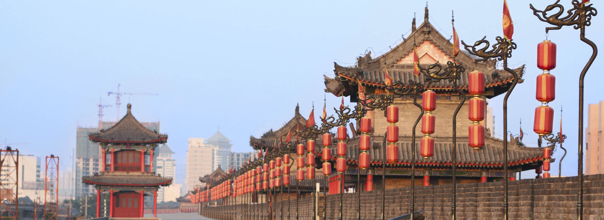 Xian, red lanterns, ancient Chinese city wall, Full HD Desktop Wallpaper