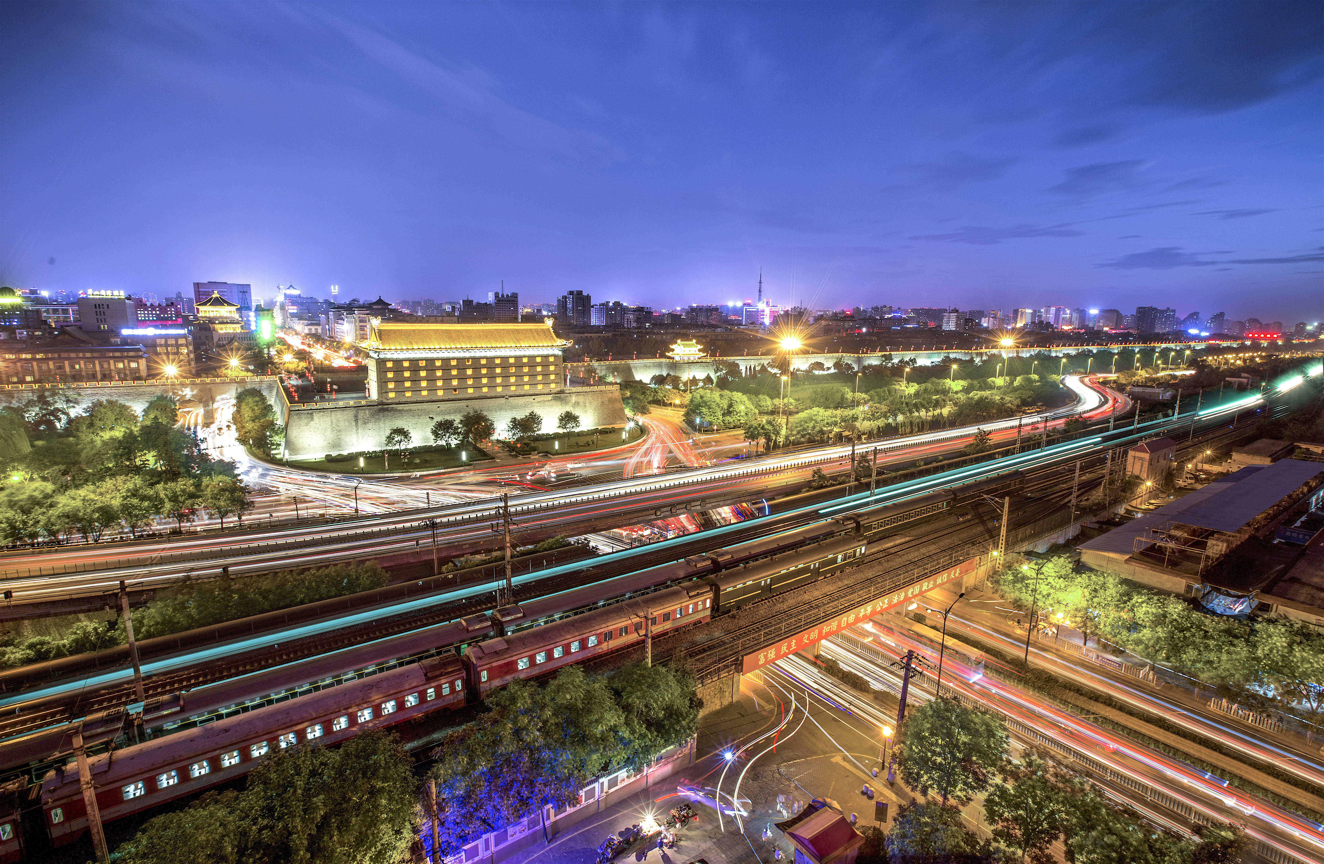 Xian, night cityscape, glowing lights, 5K Desktop Wallpaper