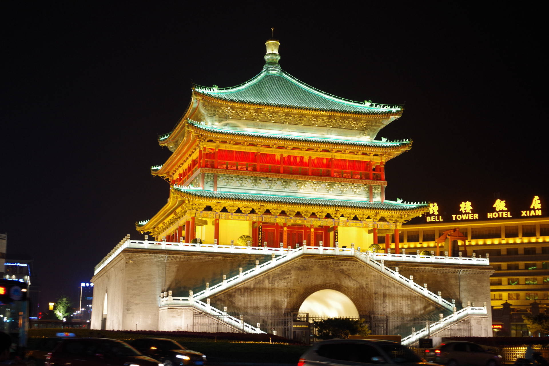 Xian, colorful bell tower, traditional Chinese tower, Full HD Desktop Wallpaper