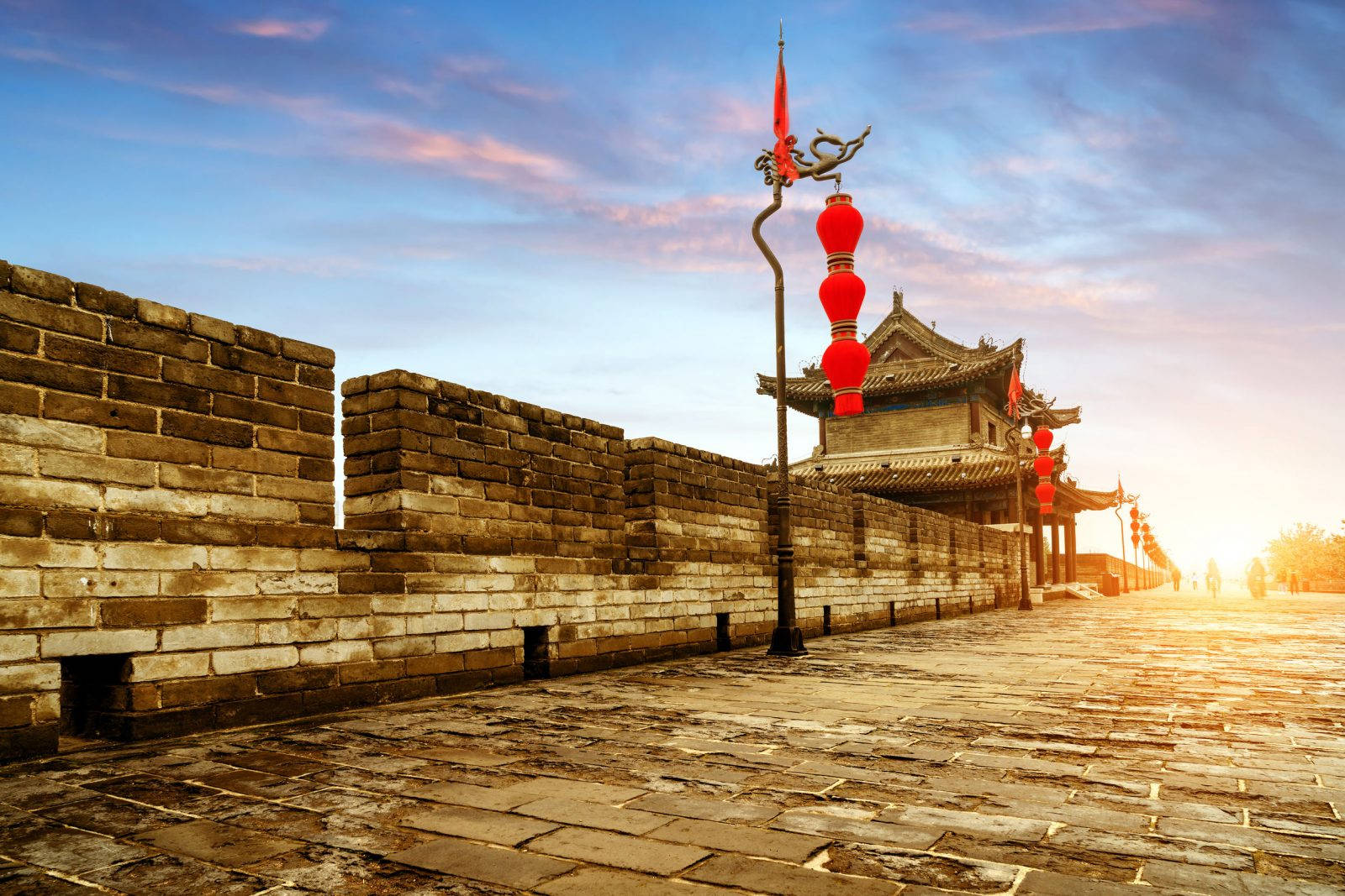 Xian Wall, golden sunset sky, red lanterns, HD Desktop Wallpaper