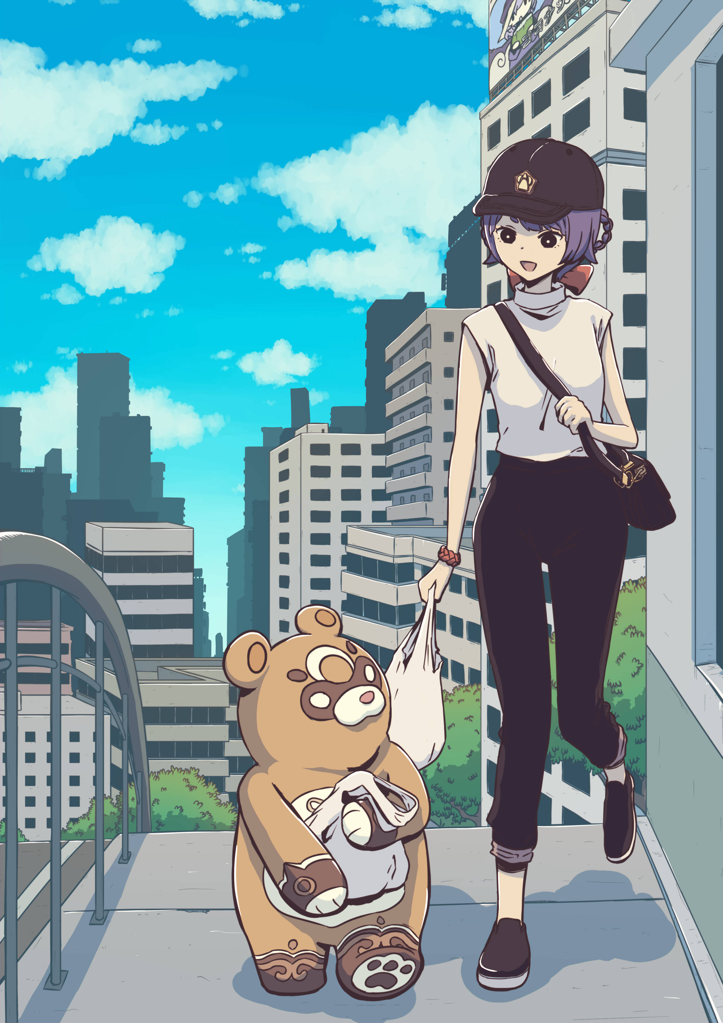 Xiangling, purple hair, cute bear mascot, 2K Phone Wallpaper