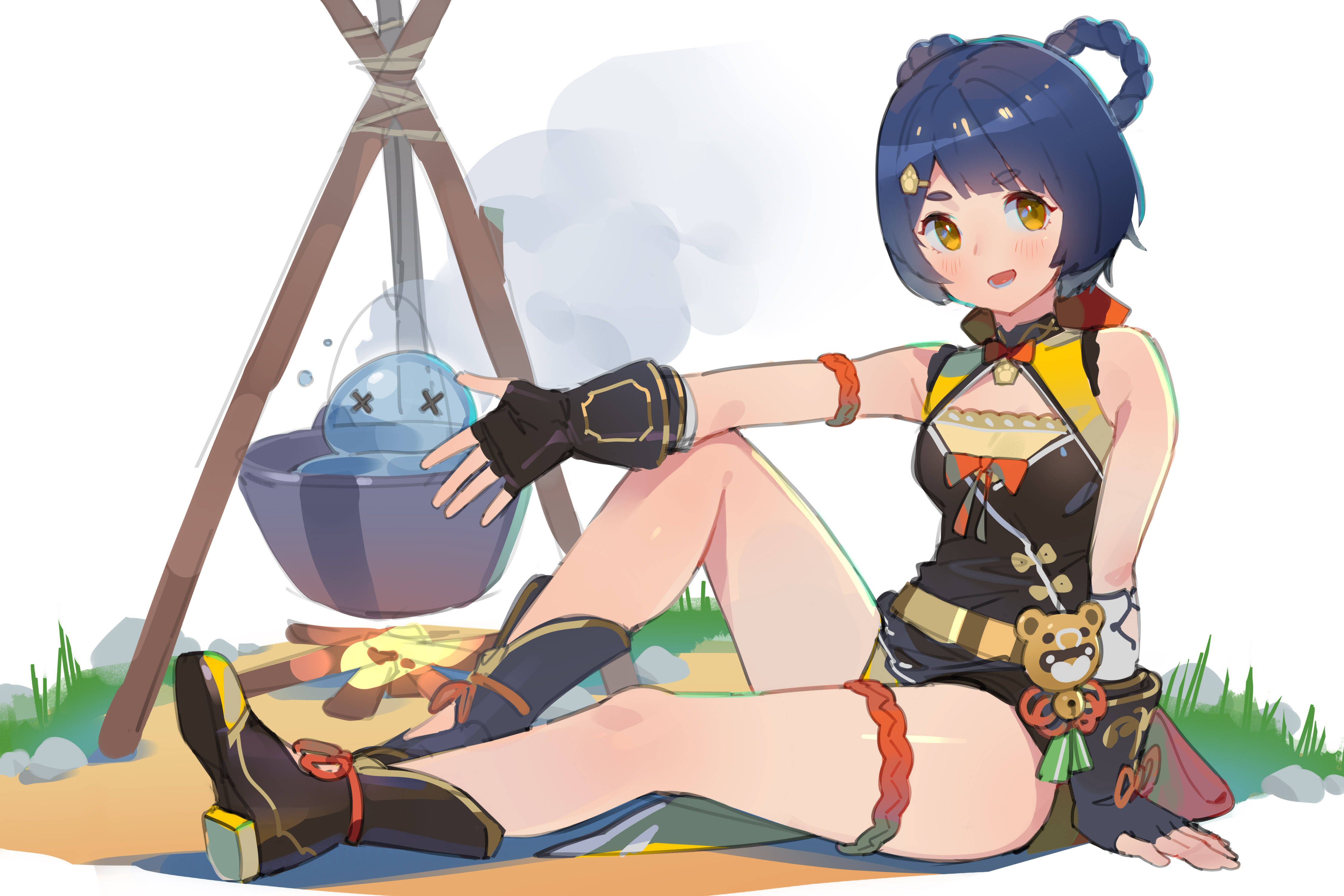 Xiangling, blue hair, campfire, 4K Desktop Wallpaper