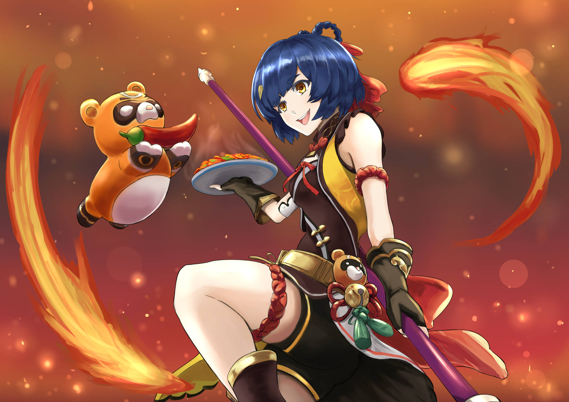 Xiangling, blue-haired anime girl, fiery tail, Full HD Desktop Wallpaper