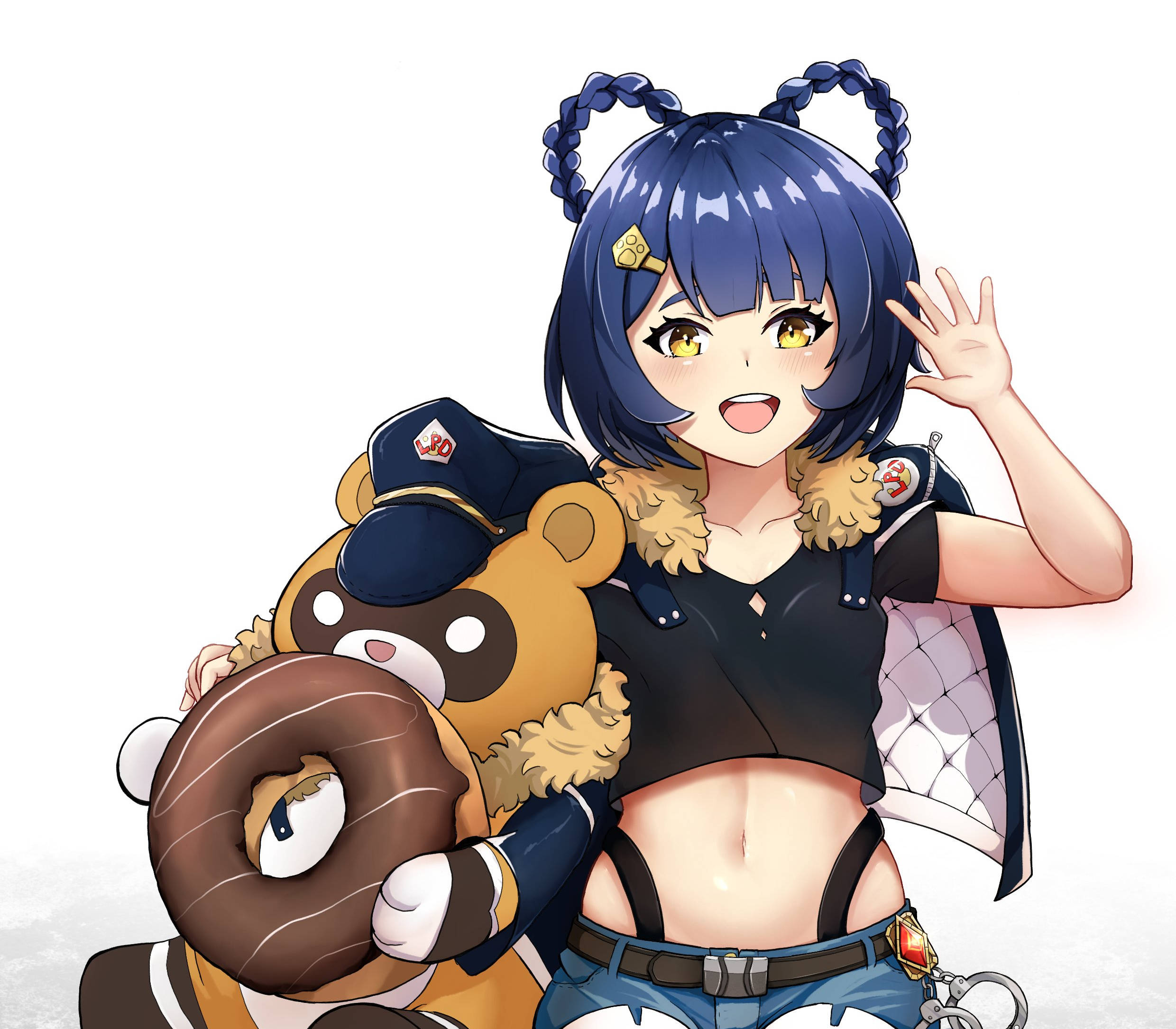 Xiangling, blue braided hair, giant donut, Full HD Desktop Wallpaper