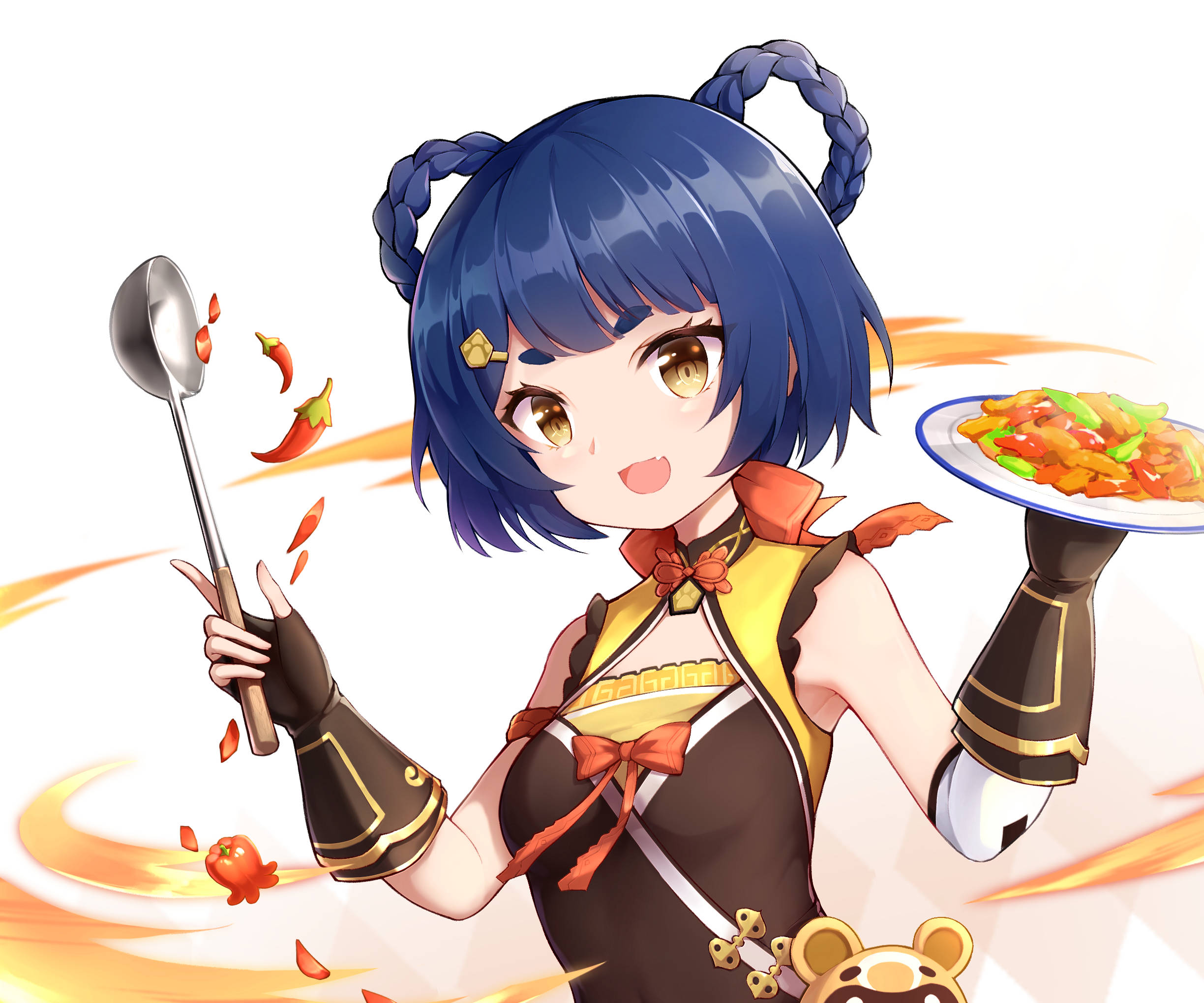 Xiangling, blue braided hair, spicy food, Full HD Desktop Wallpaper