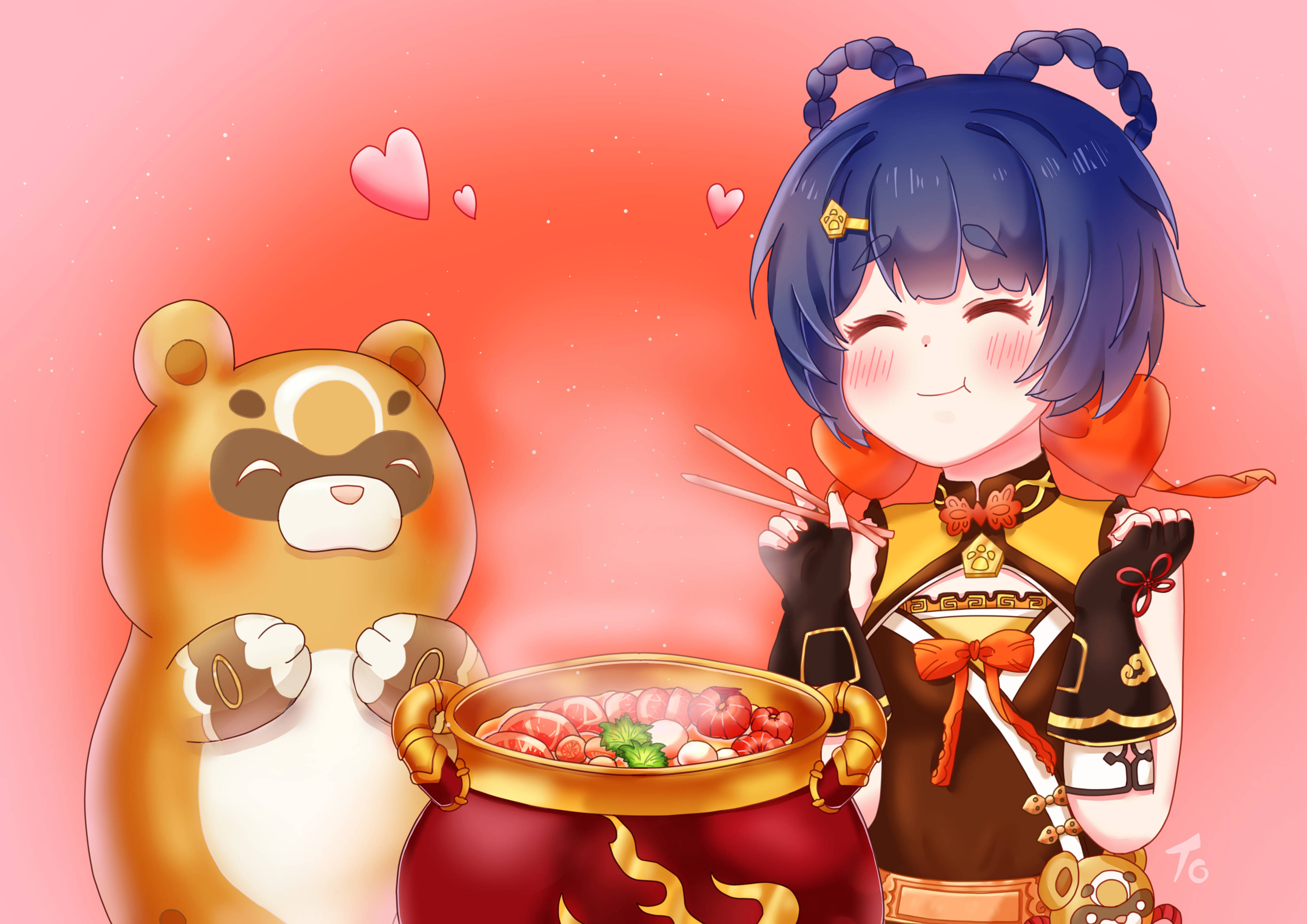 Xiangling, bear friend, blue hair, 4K Desktop Wallpaper