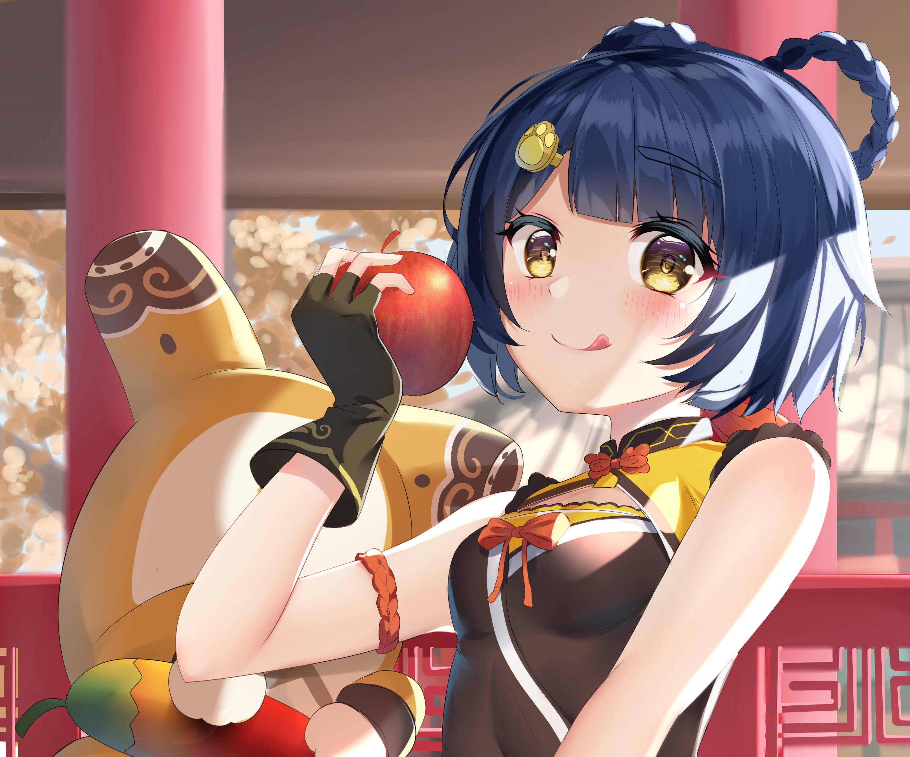 Xiangling, blue hair, red apple, 2K Desktop Wallpaper