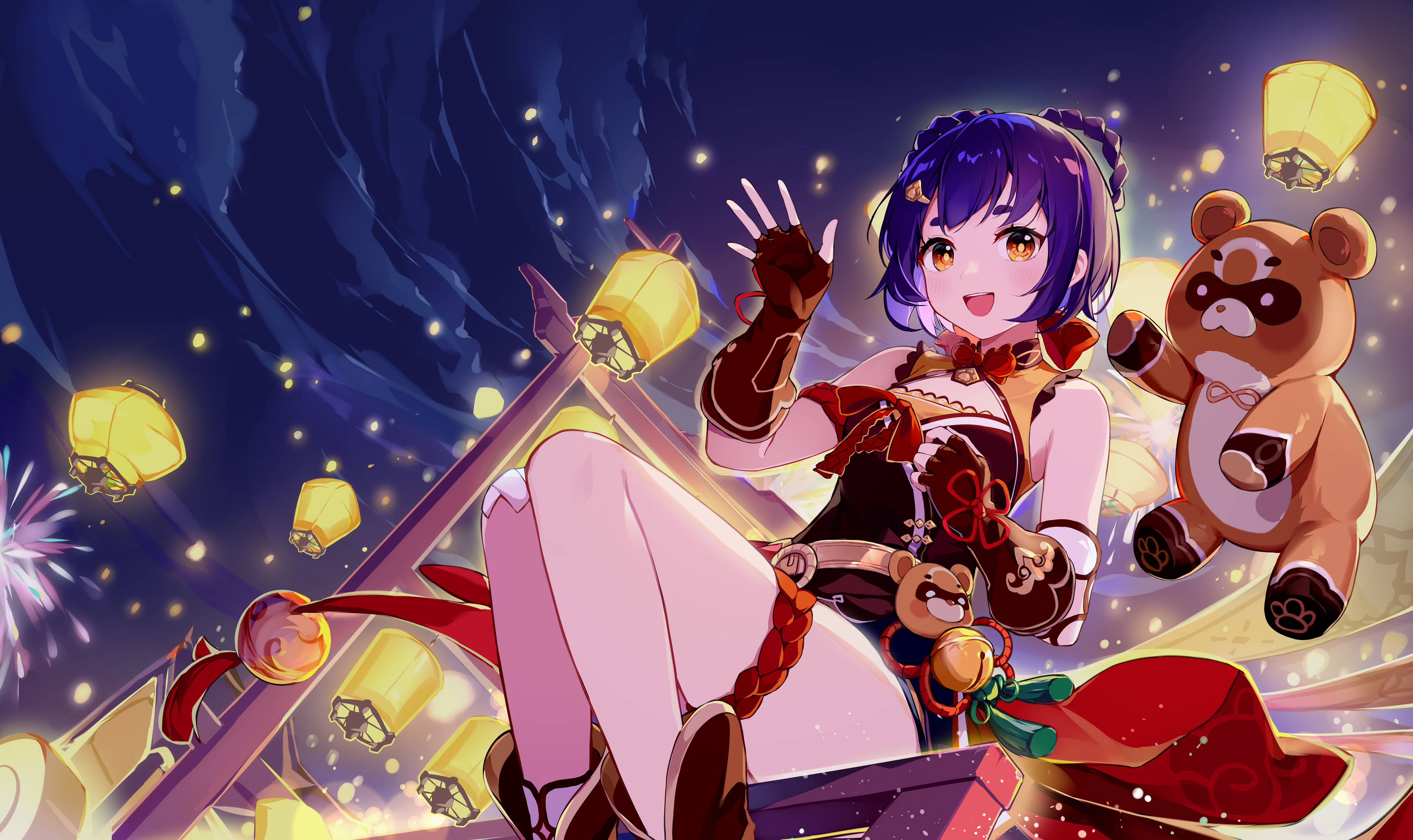 Xiangling, starry night, purple hair, 4K Desktop Wallpaper