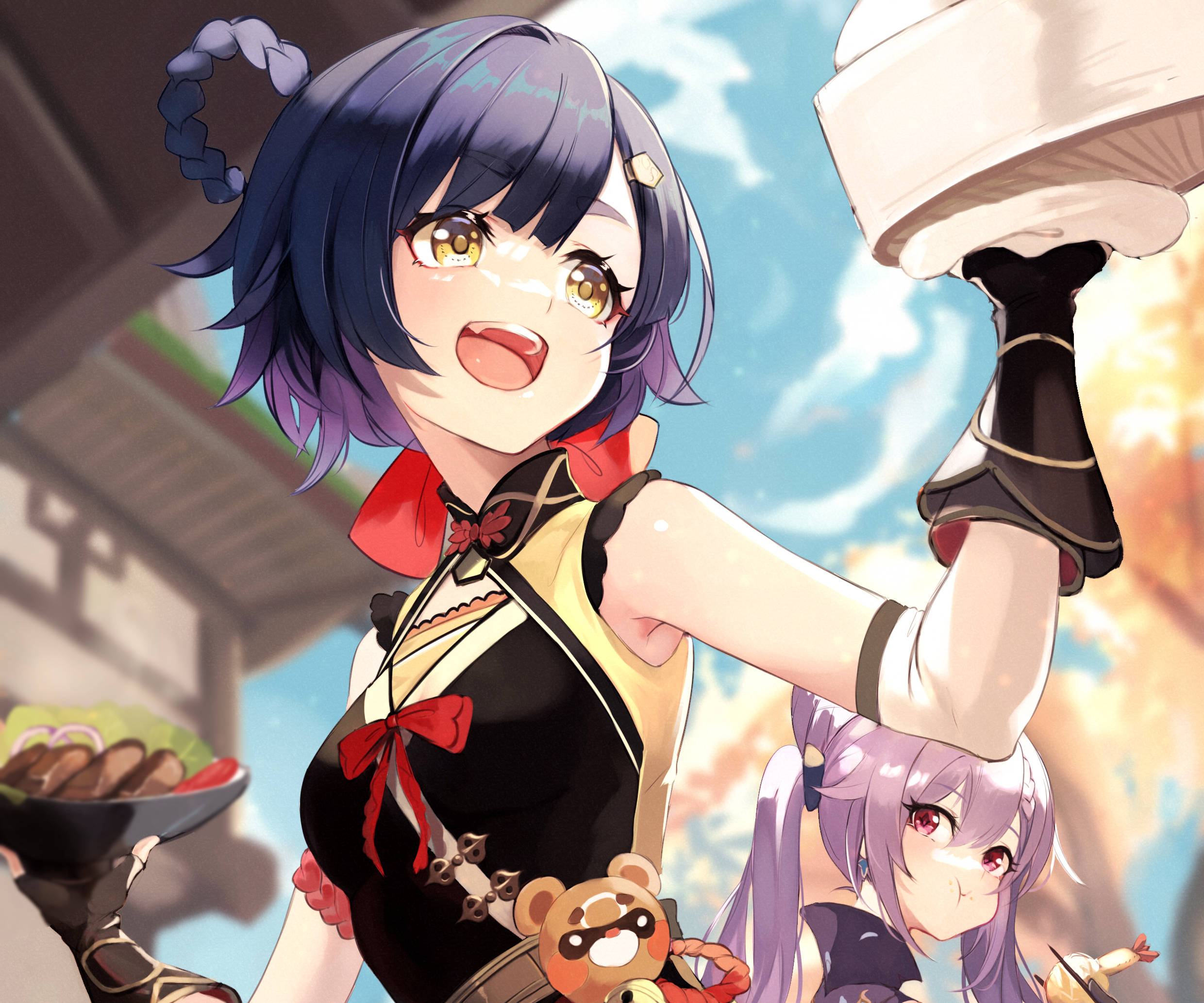 Xiangling, blue hair, golden eyes, Full HD Desktop Wallpaper