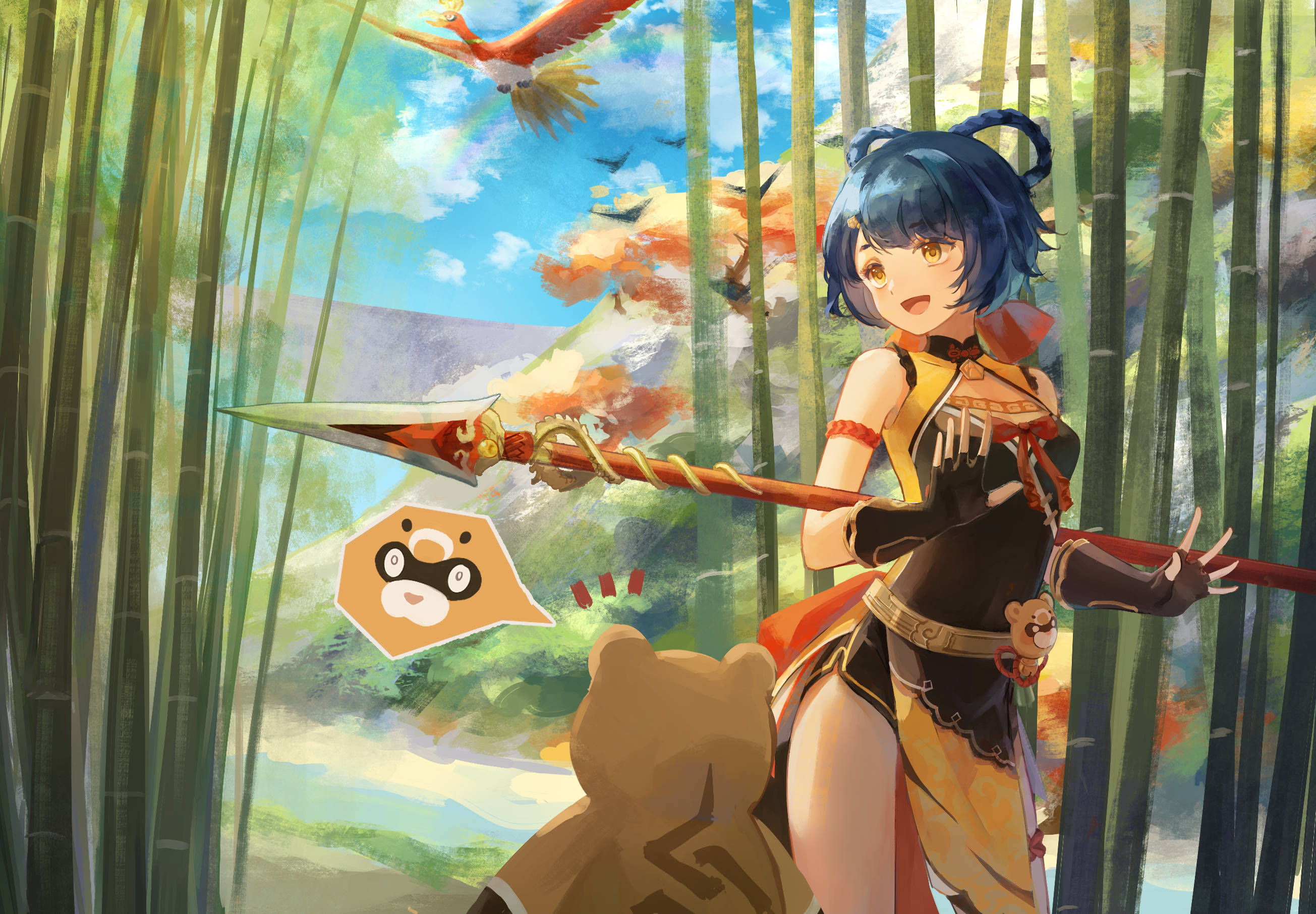 Xiangling, bamboo forest, blue-haired anime girl, 2K Desktop Wallpaper