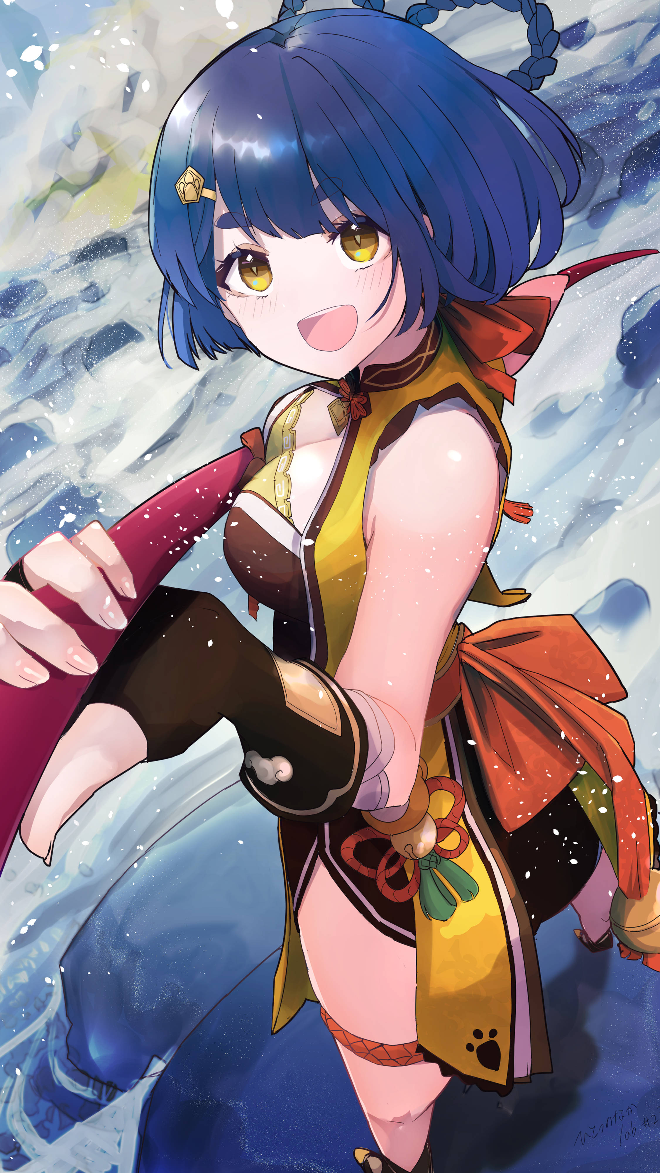 Xiangling, anime girl, blue hair, 4K Phone Wallpaper
