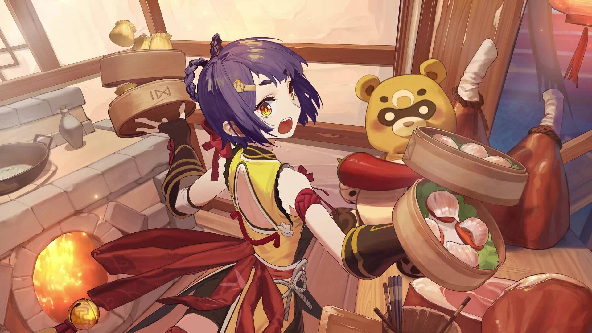 Xiangling, purple hair, steaming dumplings, Full HD Desktop Wallpaper