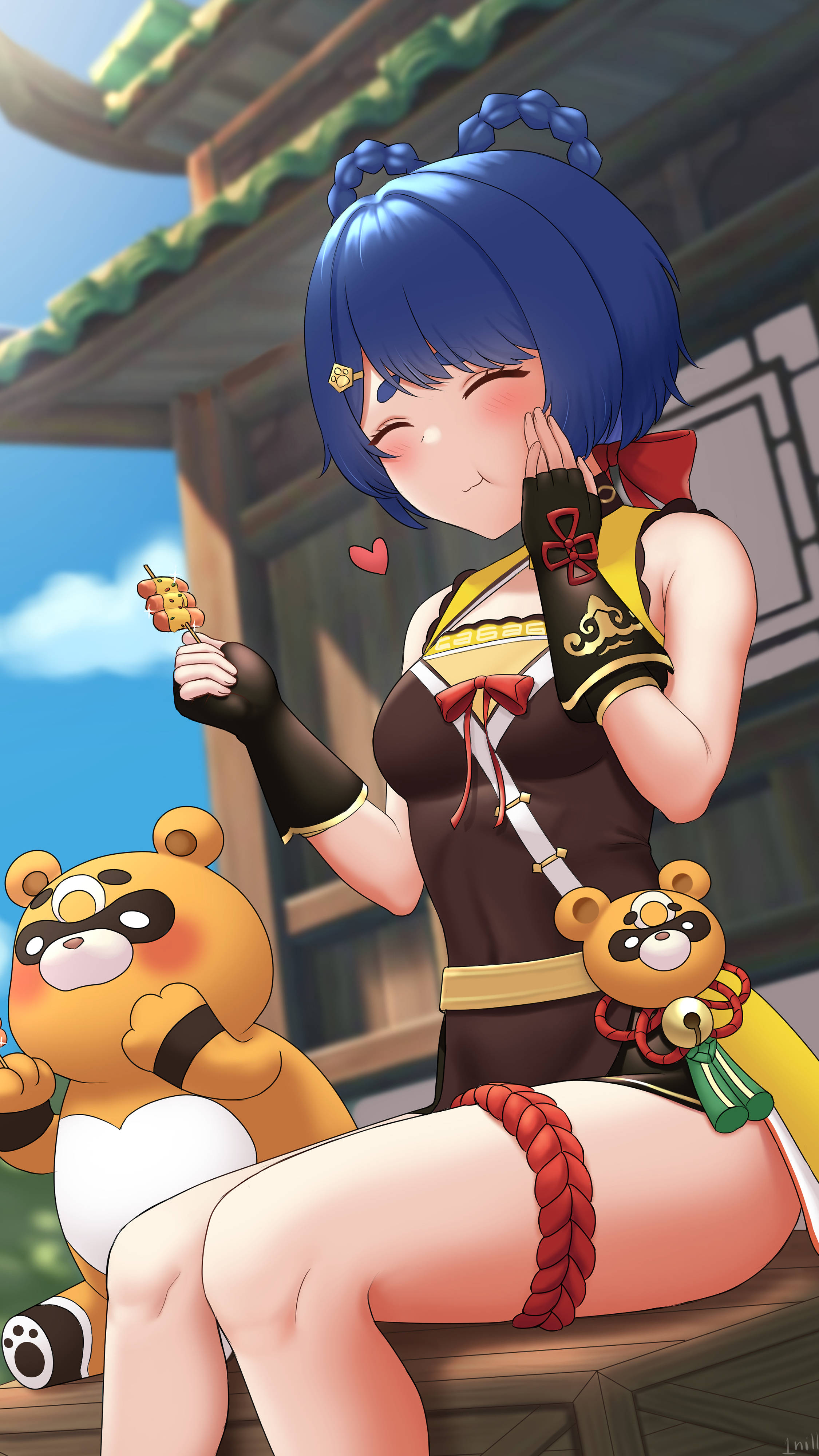 Xiangling, blue-haired anime girl, traditional attire, 4K Phone Wallpaper