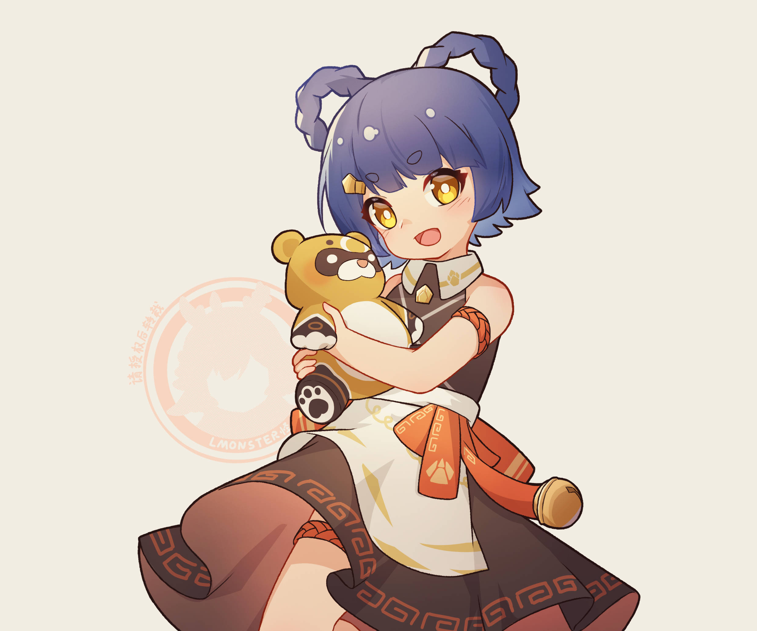 Xiangling, chibi anime girl, blue hair, Full HD Desktop Wallpaper