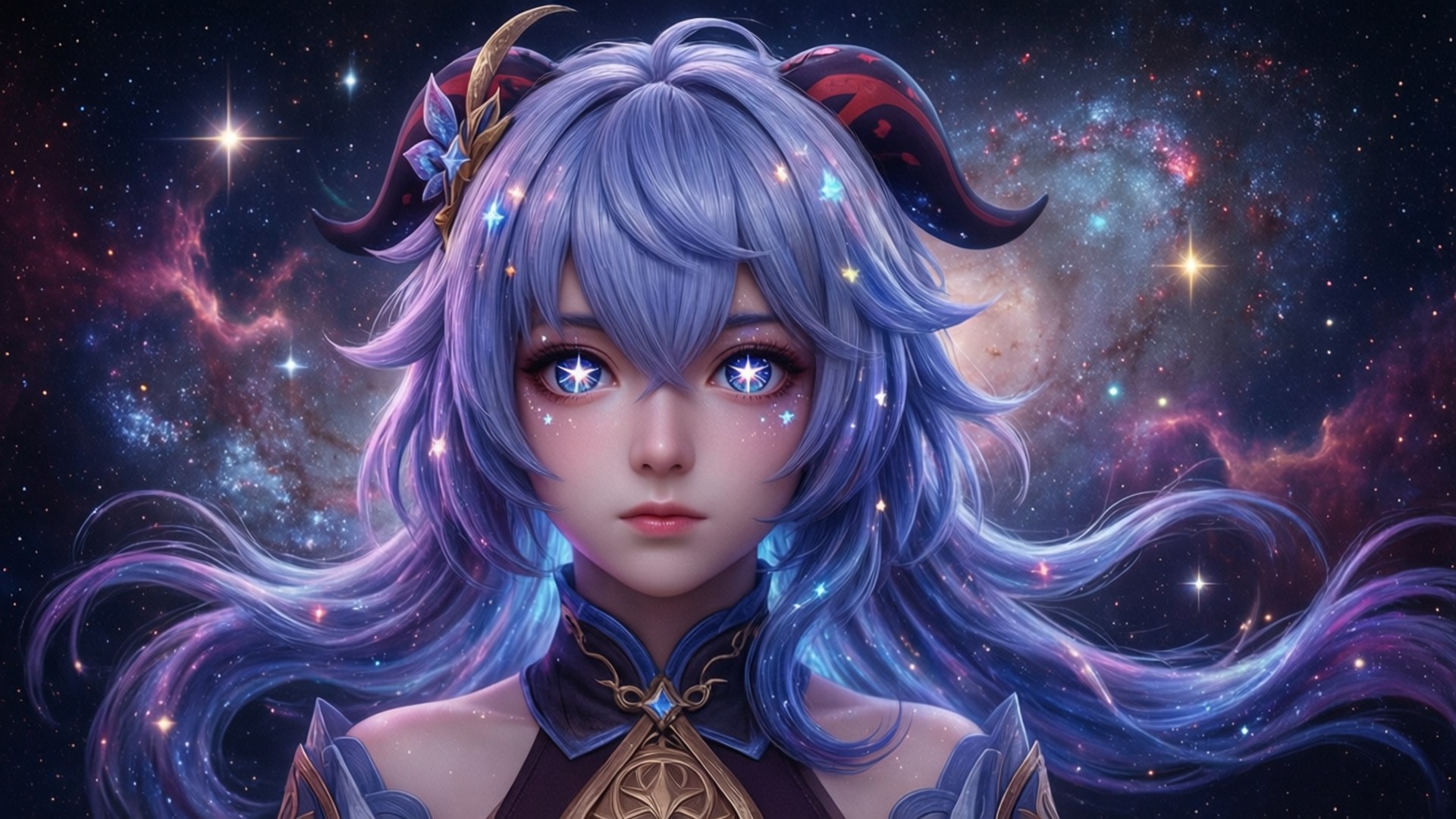 Galaxy Xiangling, glowing blue eyes, flowing purple hair, Full HD Desktop Wallpaper