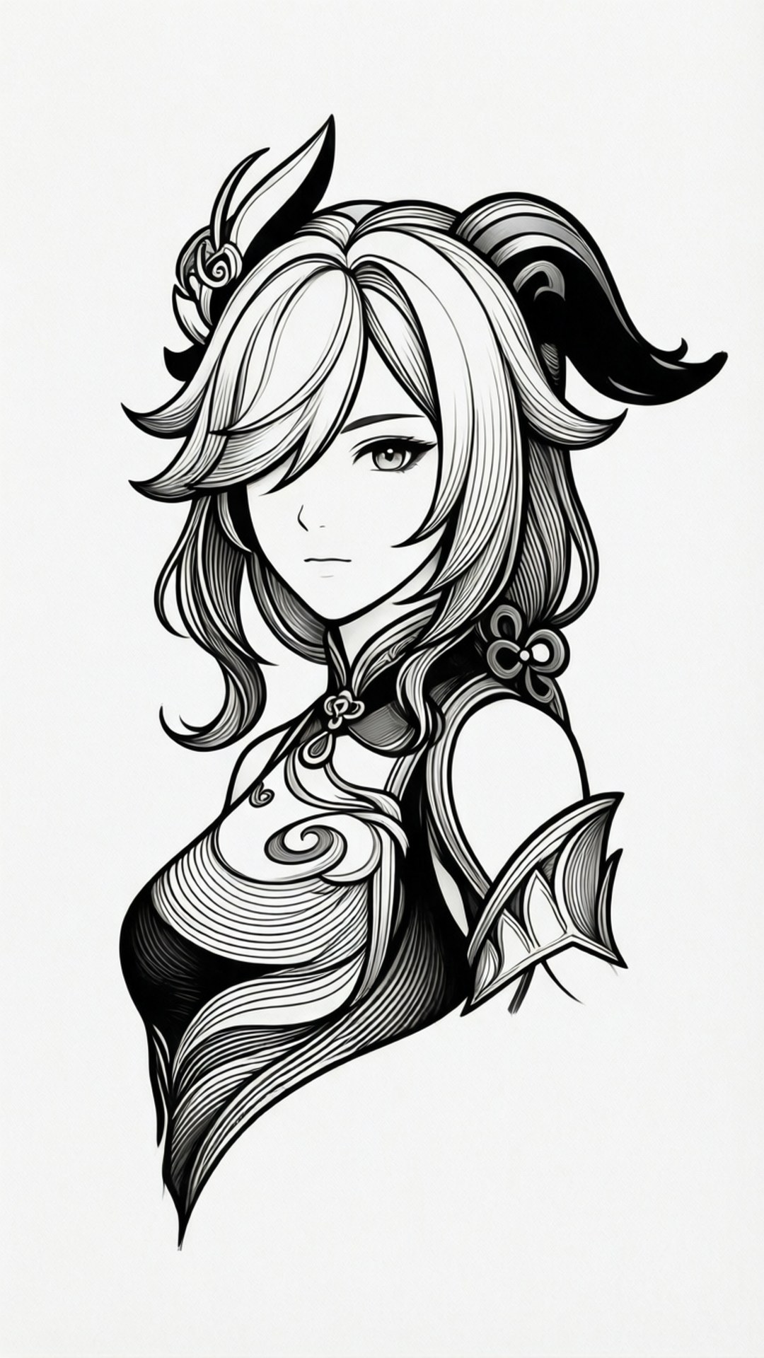 Xiangling, black and white line art, female anime character, Full HD Phone Wallpaper