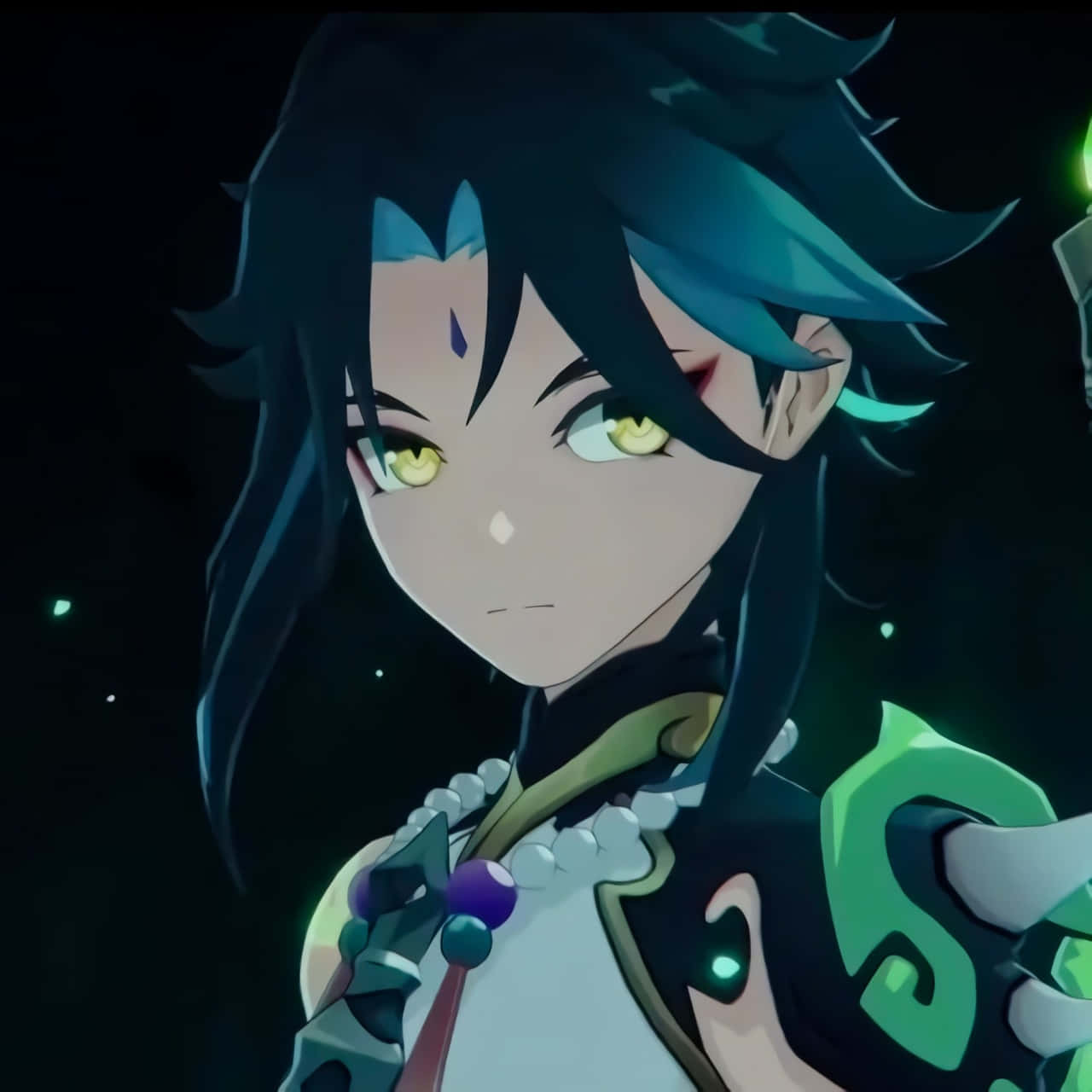 Xiao, glowing yellow eyes, teal-tipped black hair, HD Desktop Wallpaper