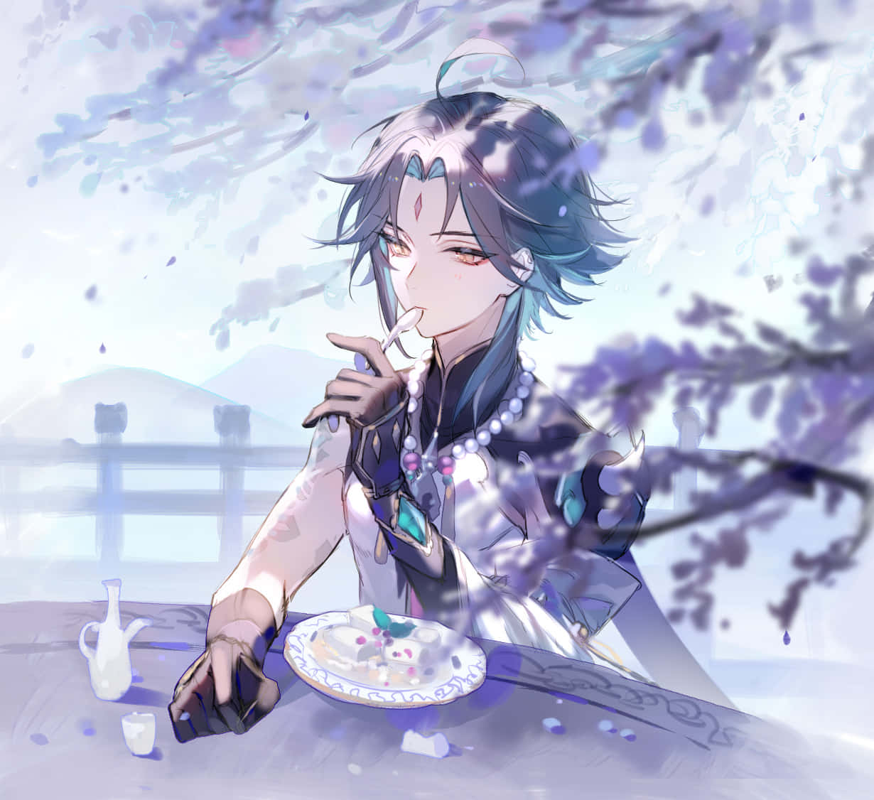 Xiao, blue hair, tea, SD Desktop Wallpaper
