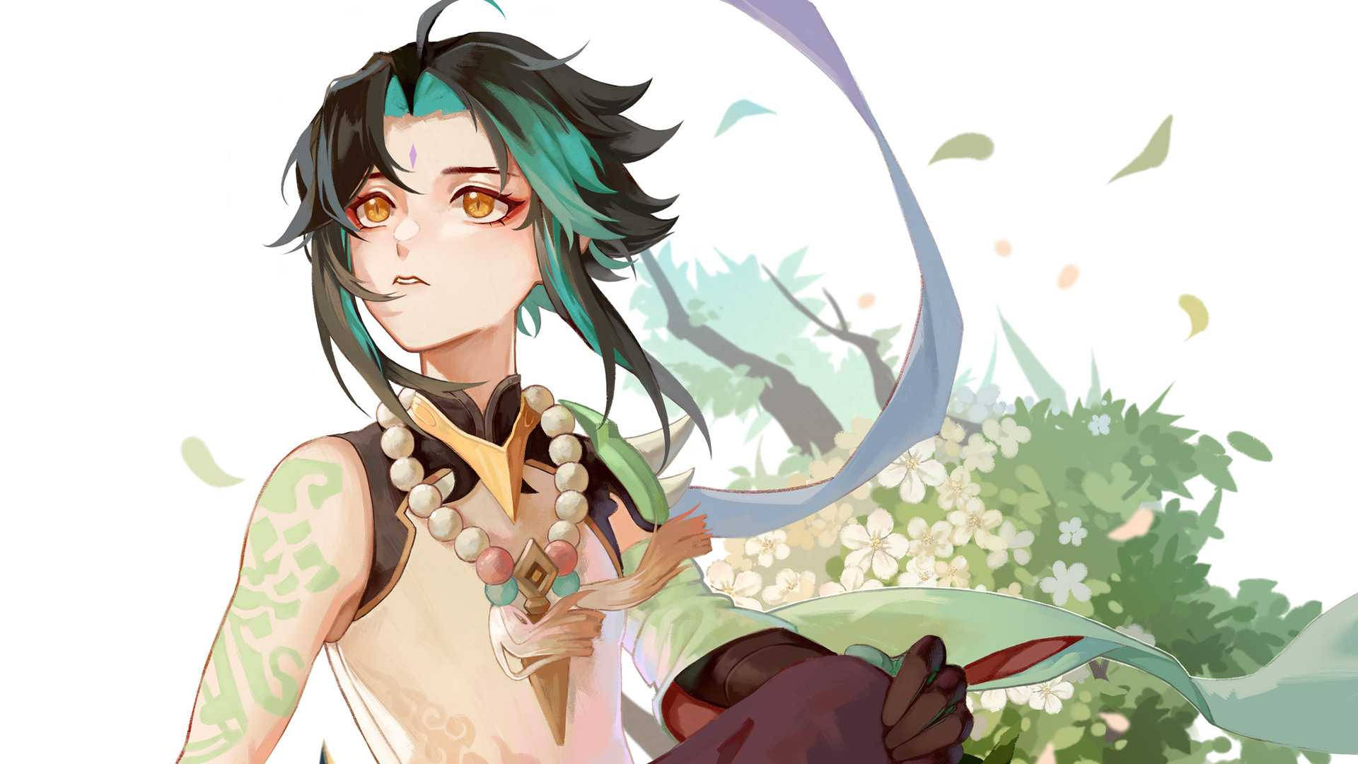 Xiao, teal hair, golden eyes, Full HD Desktop Wallpaper