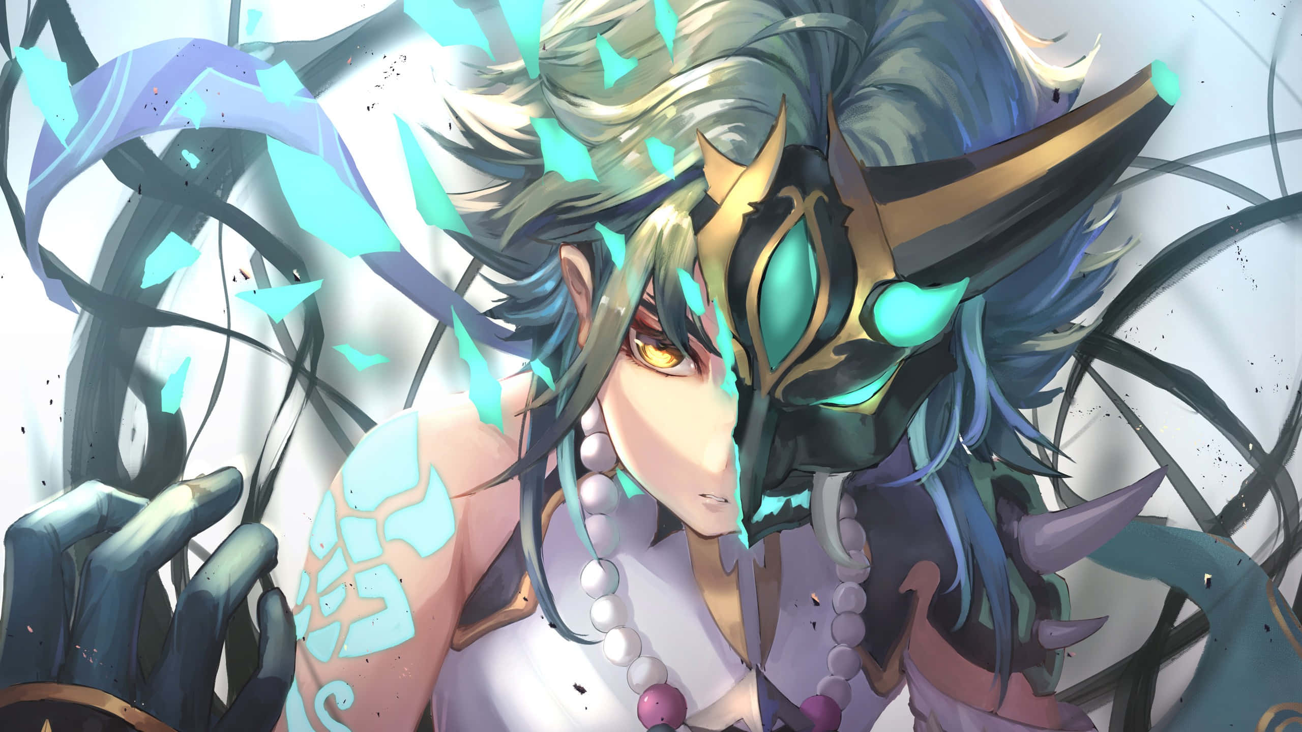 Xiao, glowing teal eyes, flowing blue hair, 2K Desktop Wallpaper