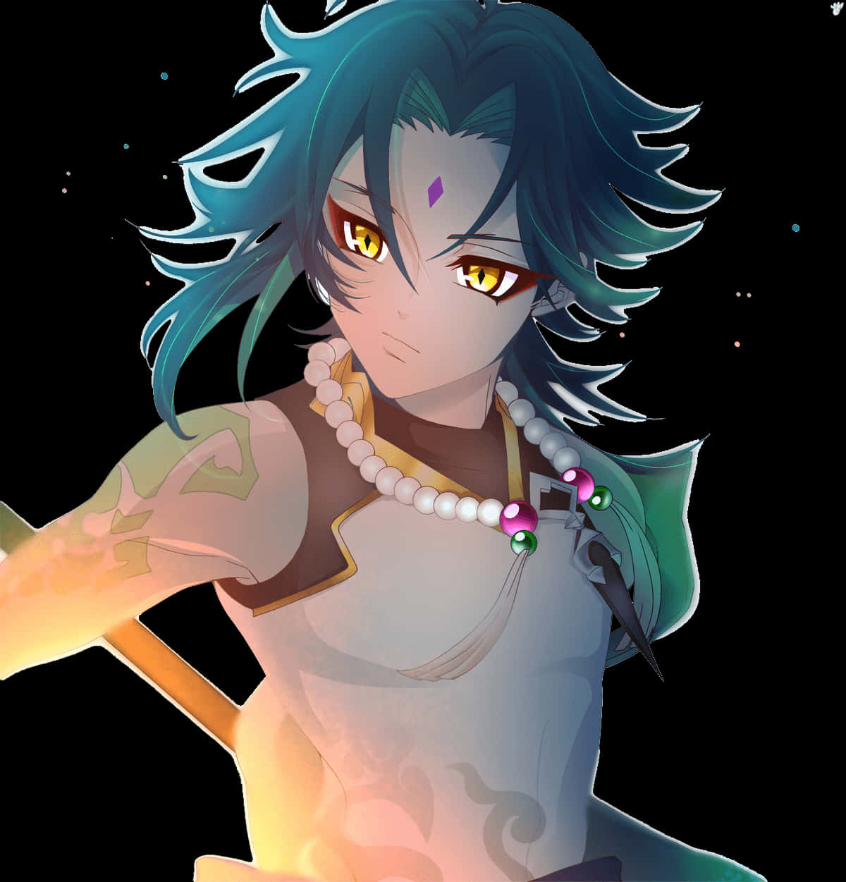 Xiao, teal hair, glowing amber eyes, SD Phone Wallpaper