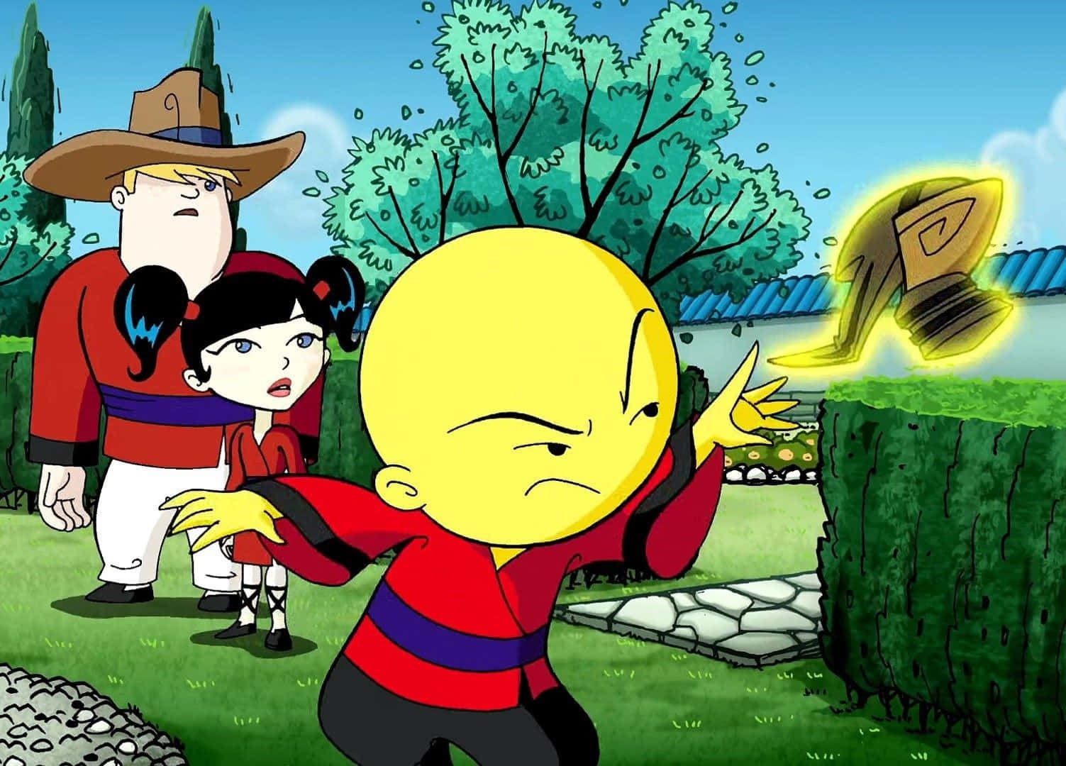 Xiaolin Showdown, yellow cartoon character, red and blue outfit, HD Desktop Wallpaper