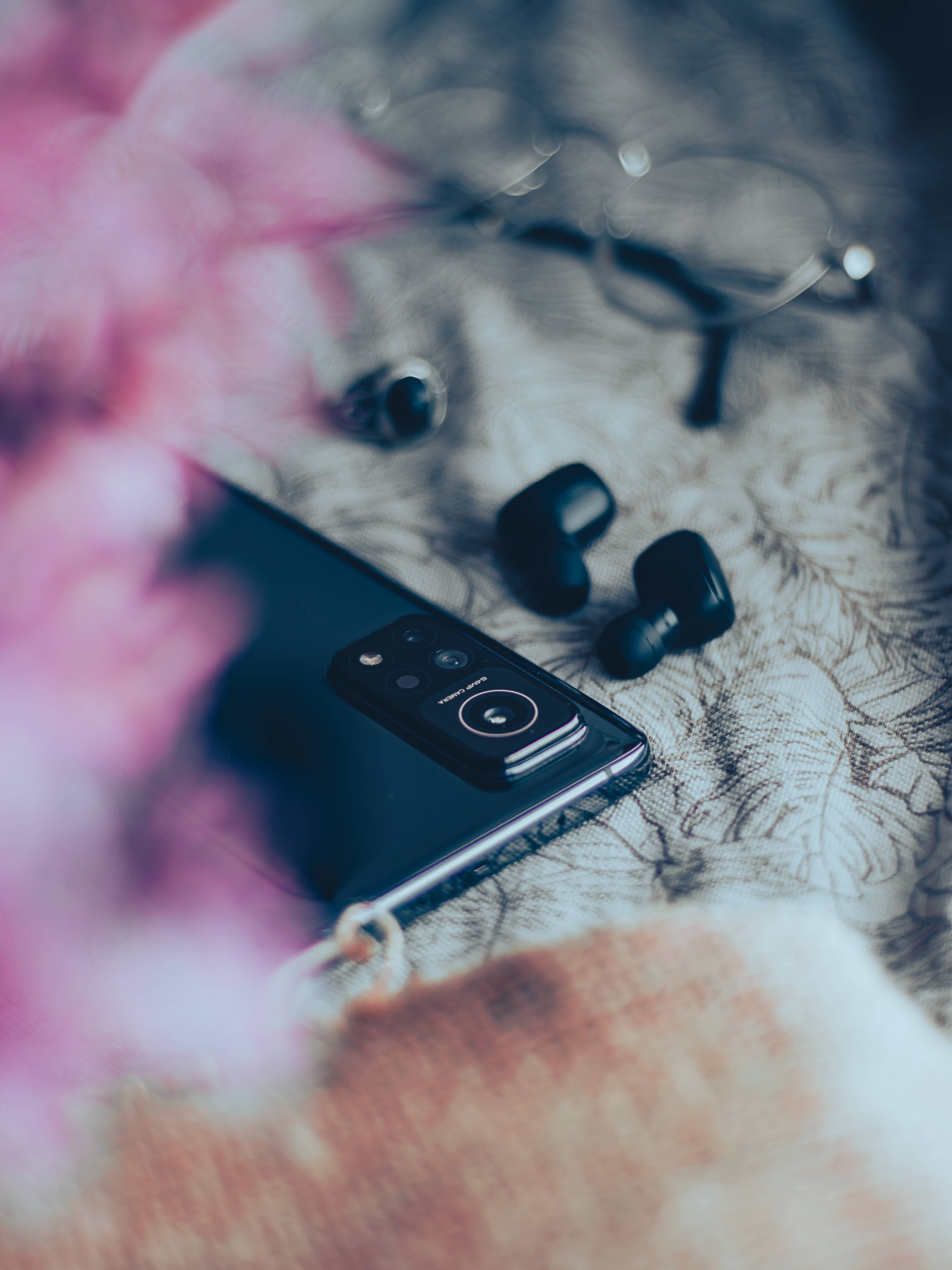 Xiaomi Phone, black smartphone, wireless earbuds, 5K Phone Wallpaper