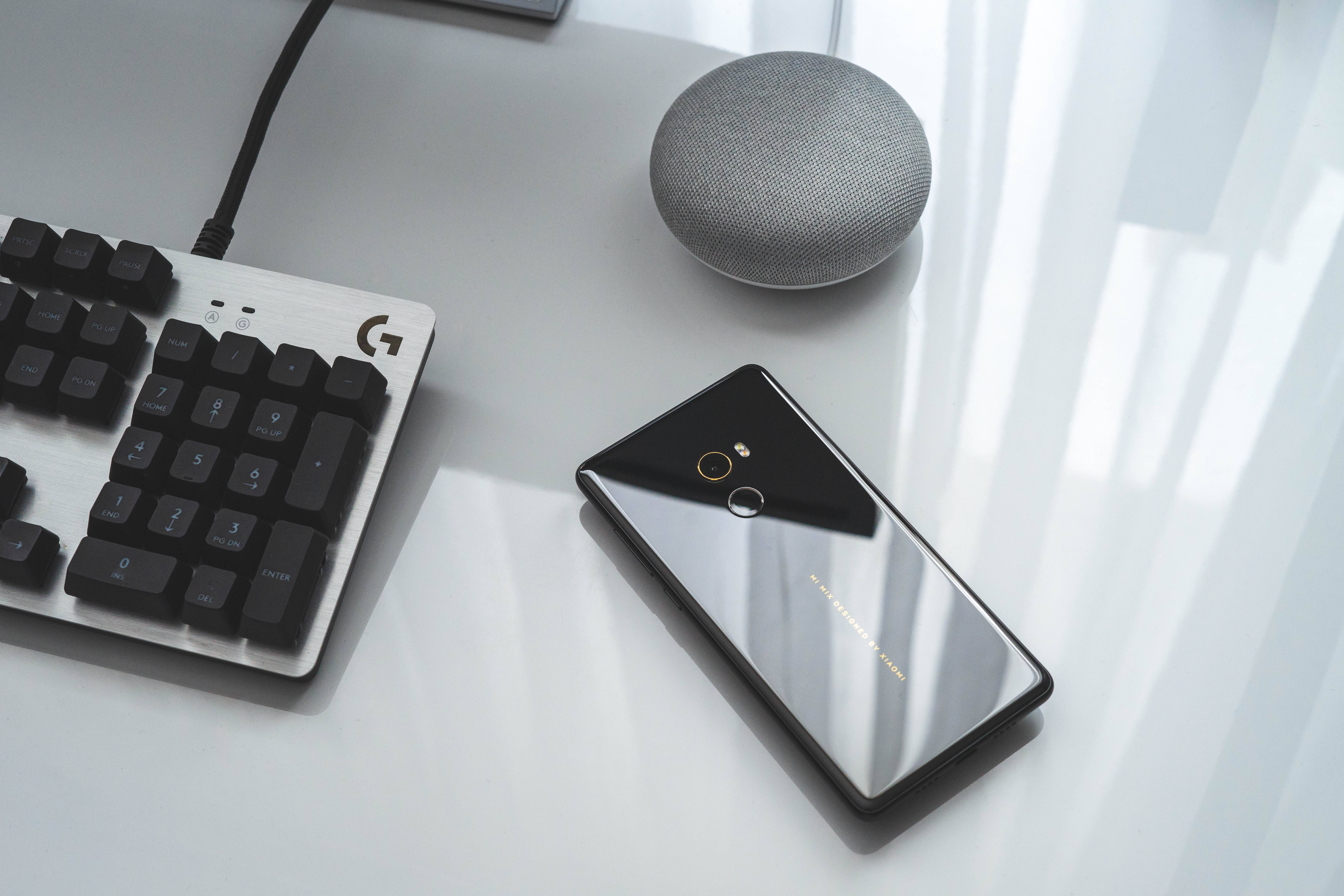 Xiaomi, black smartphone, silver keyboard, 5K Desktop Wallpaper