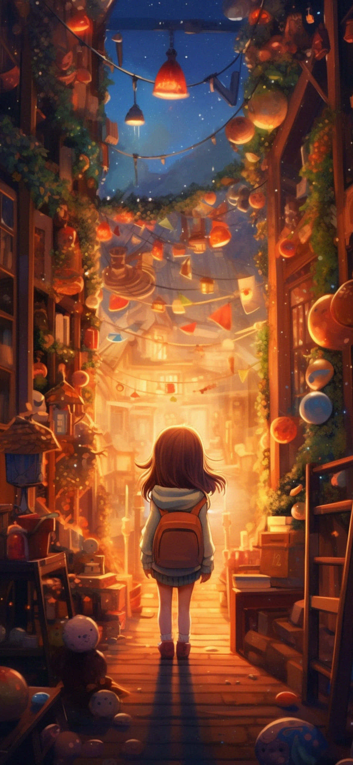 enchanted christmas alleyway, young girl with a backpack, narrow wooden alleyway, 2K Phone Wallpaper