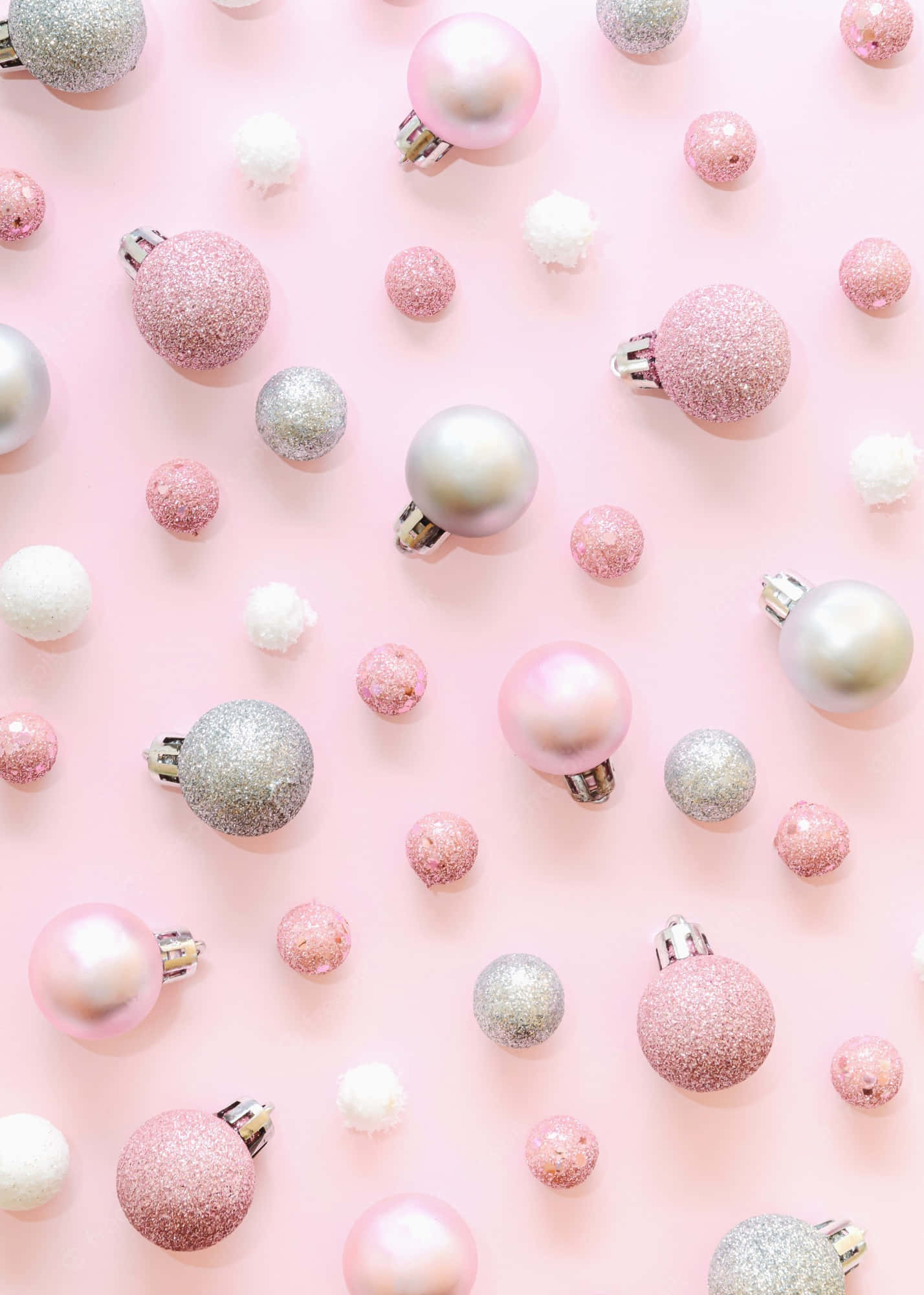 pink Christmas ornaments, silver glittery ornaments, white matte ornaments, Full HD Phone Wallpaper
