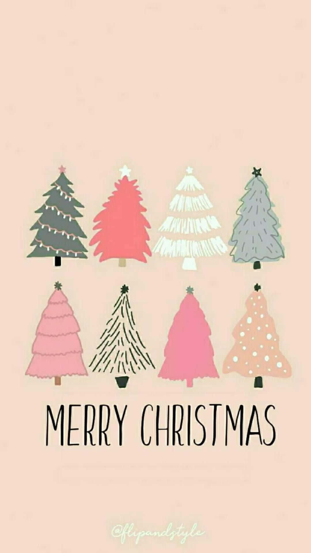 pastel Christmas trees, pink green and white, soft peach background, Full HD Phone Wallpaper