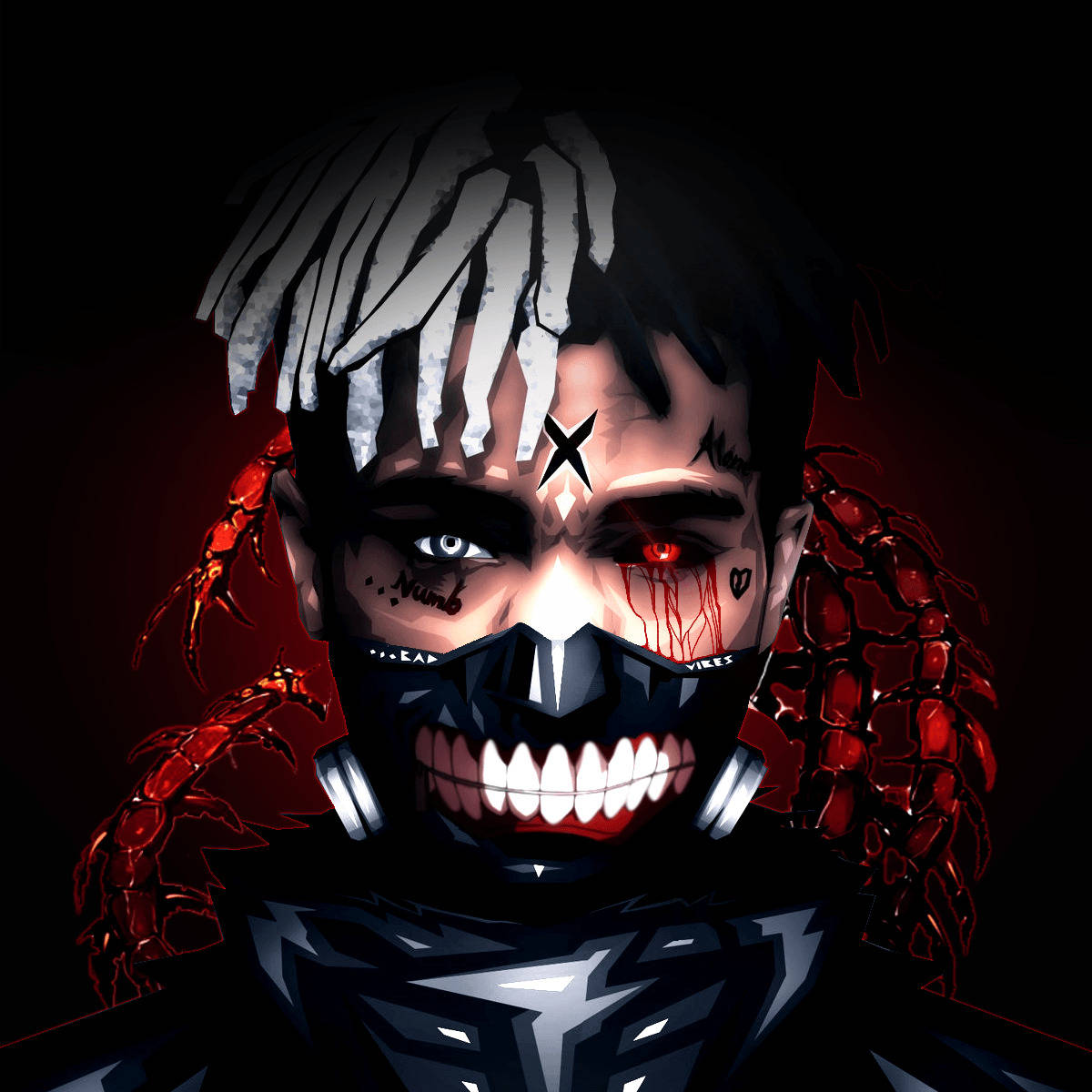 XX Tentacion, half-red half-blue eyes, white dreadlocks, SD Desktop Wallpaper