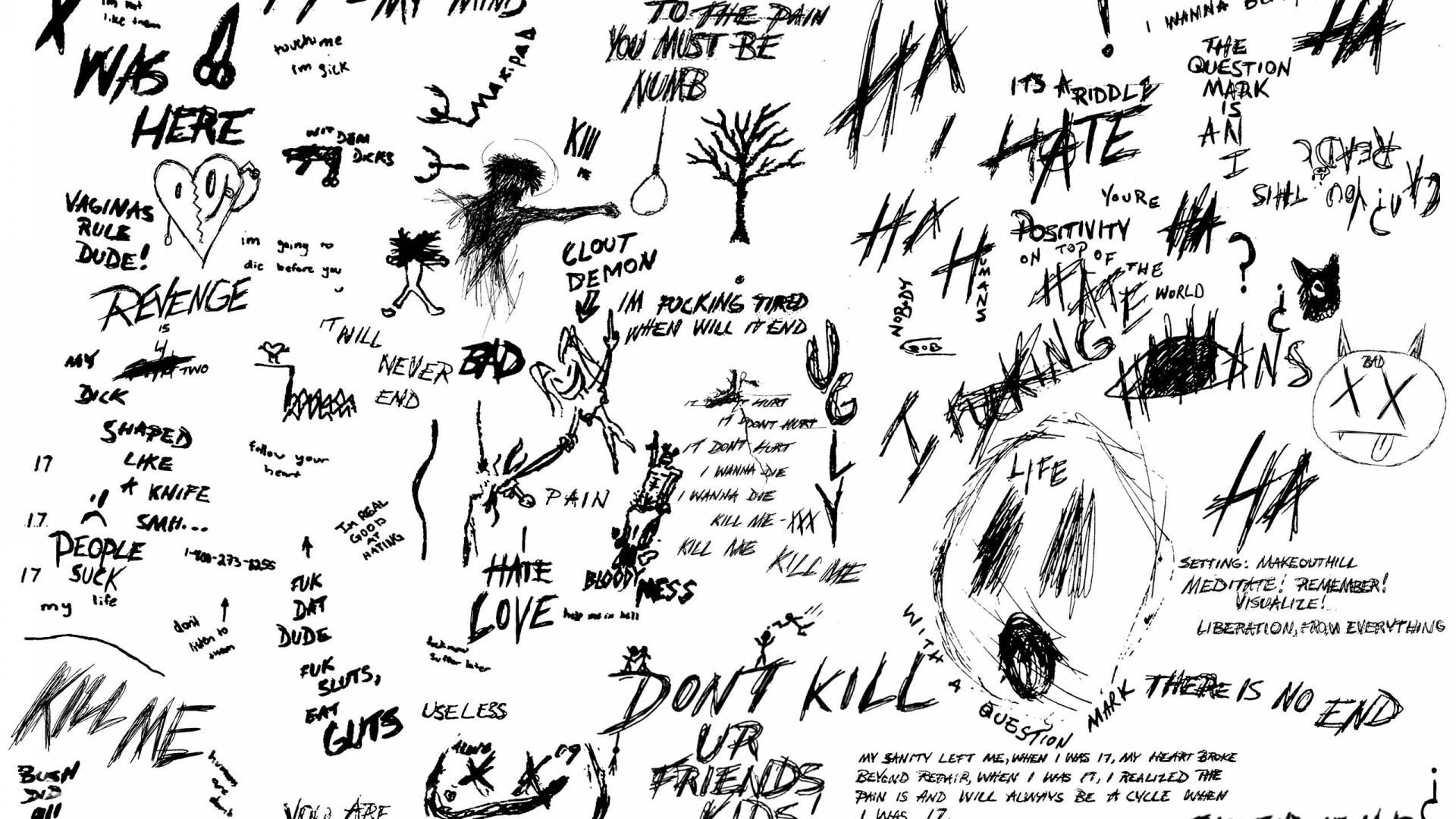 XXXTentacion Aesthetic, black ink sketch, frantic handwritten phrases, Full HD Desktop Wallpaper