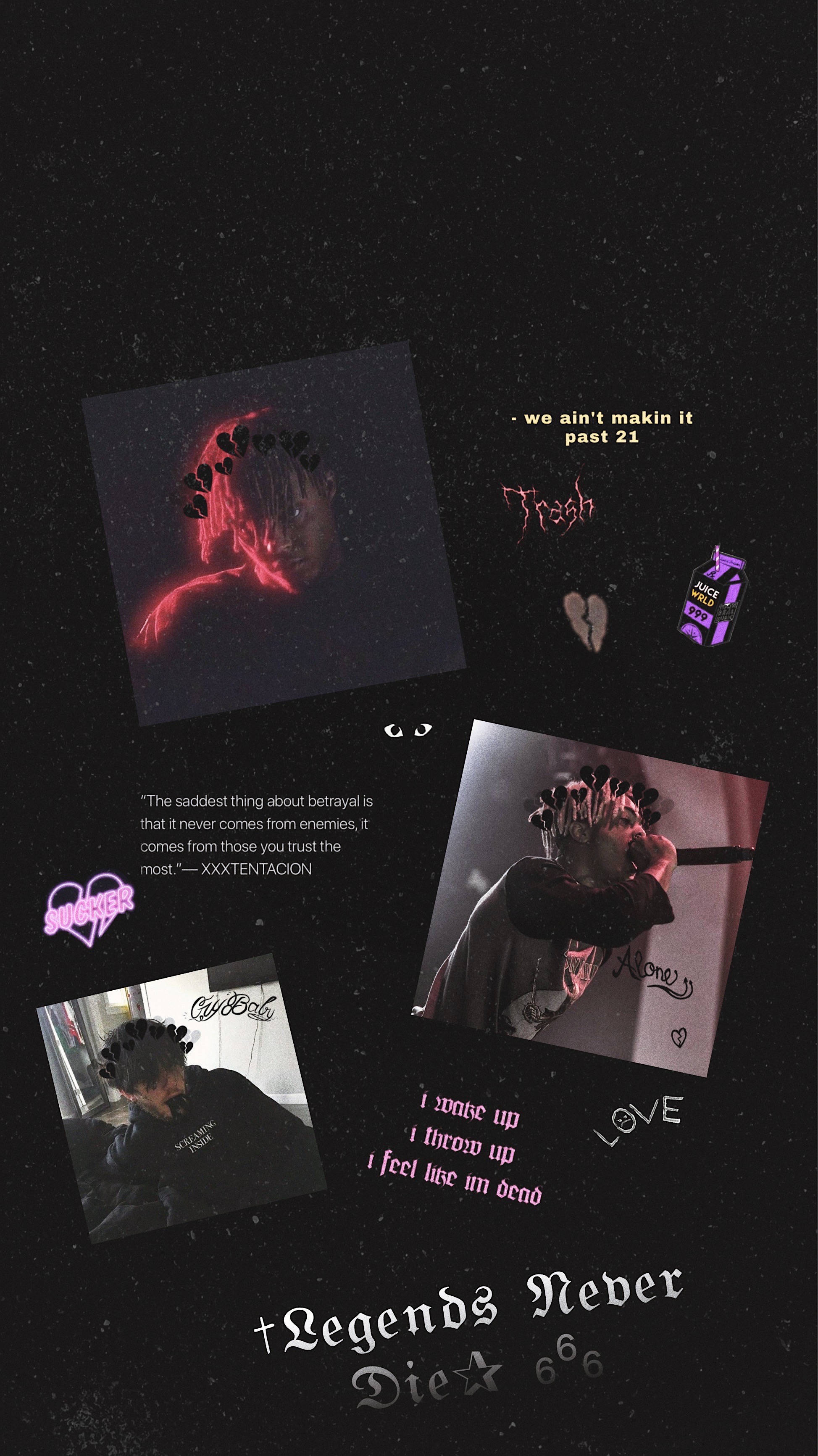 XXXTentacion, neon pink text, starry black background, 2K Phone Wallpaper