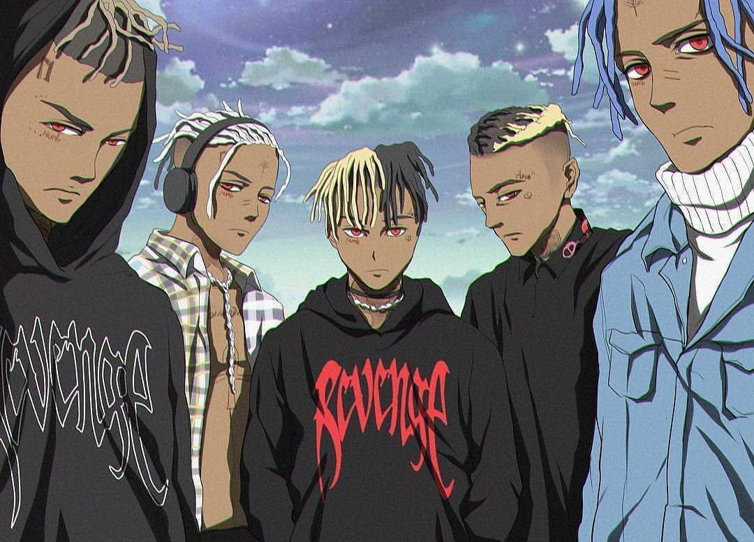 XXXTentacion, anime-style youths, red eyes, SD Desktop Wallpaper