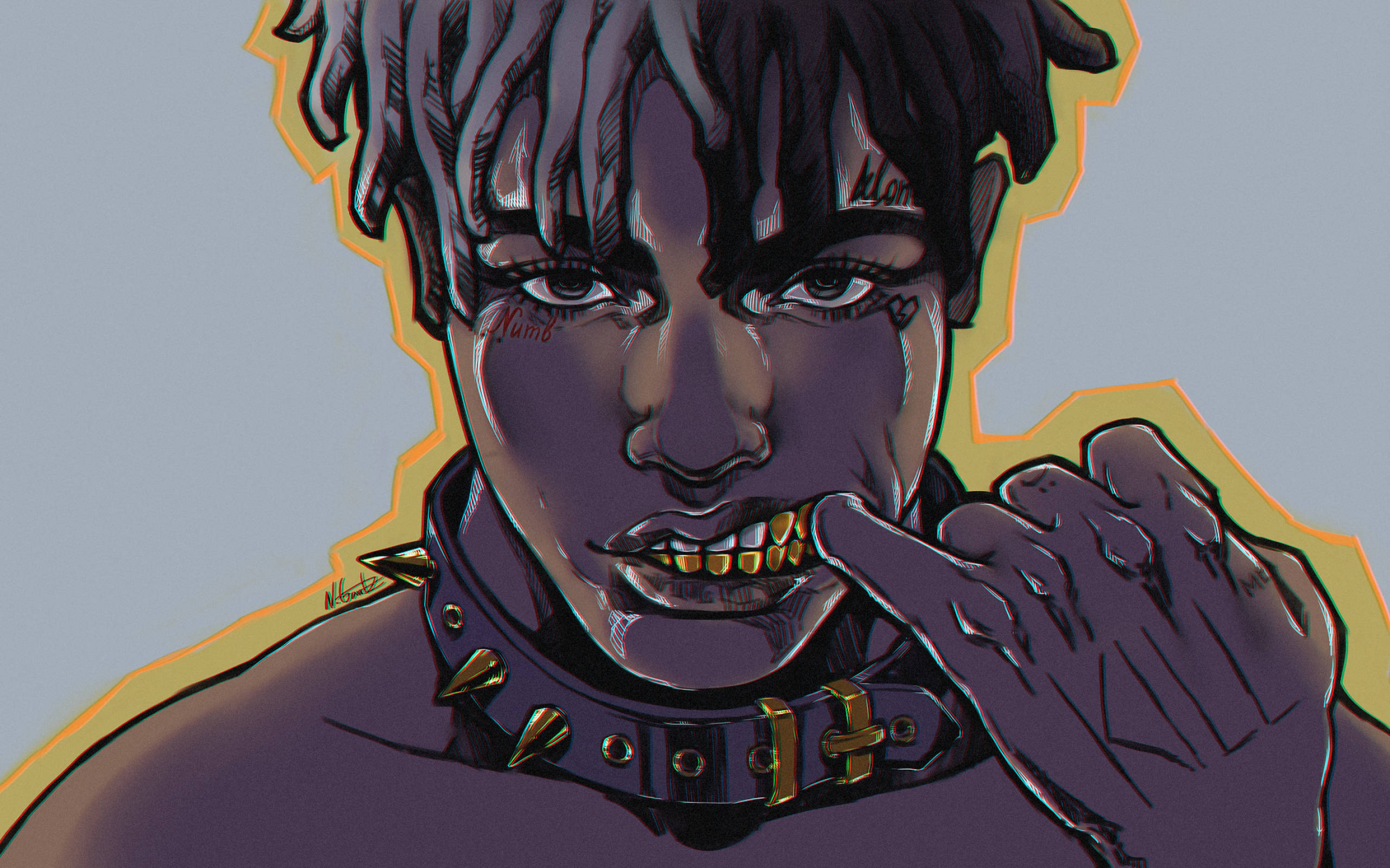 XXXTentacion, golden teeth, spiked collar, 2K Desktop Wallpaper