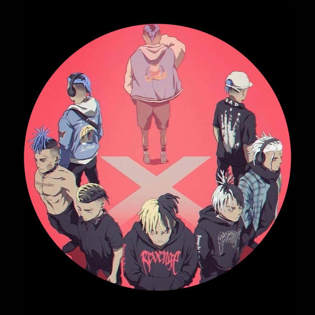 Xxxtentacion, anime characters, red background, SD Desktop Wallpaper