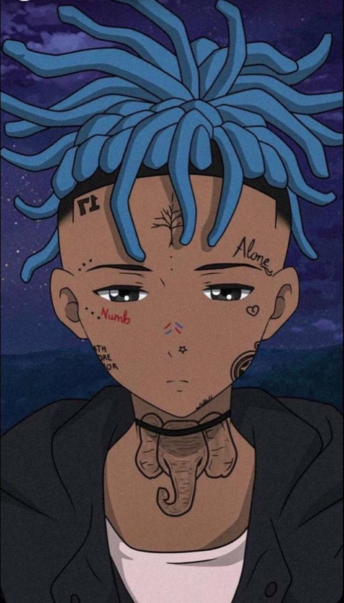 Xxxtentacion Anime, vibrant blue dreadlocks, face tattoos, SD Phone Wallpaper