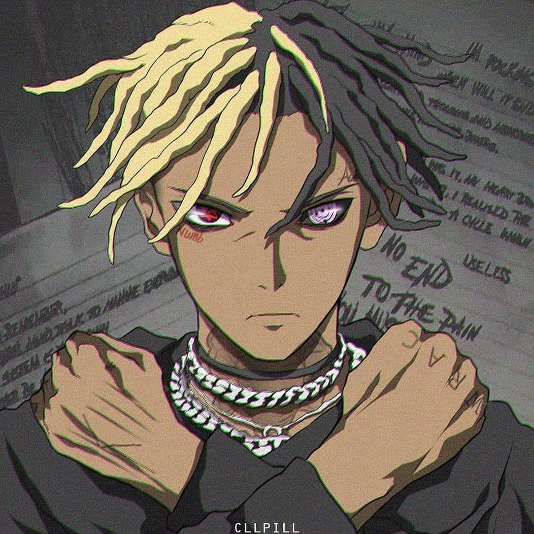 anime rapper, half-blond half-black dreadlocks, glowing red eyes, SD Desktop Wallpaper