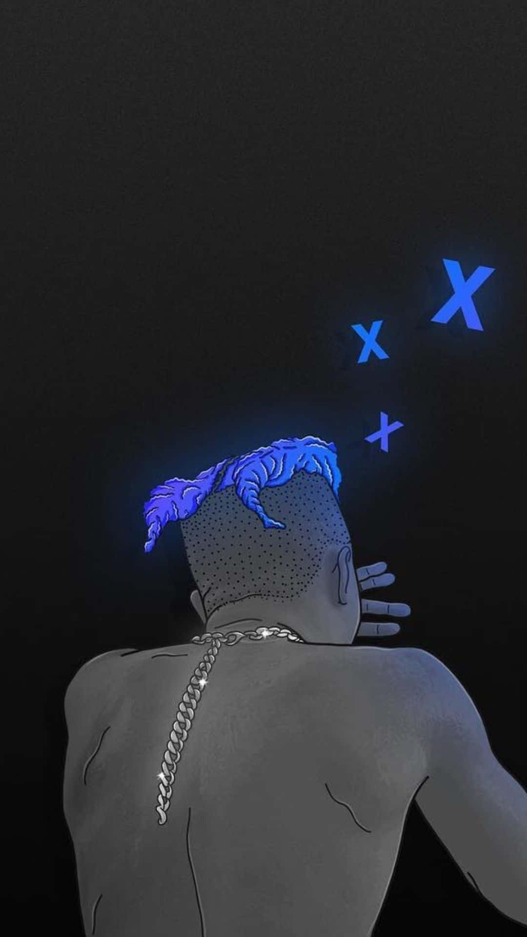XXXTentacion, glowing blue hair, X symbols, Full HD Phone Wallpaper