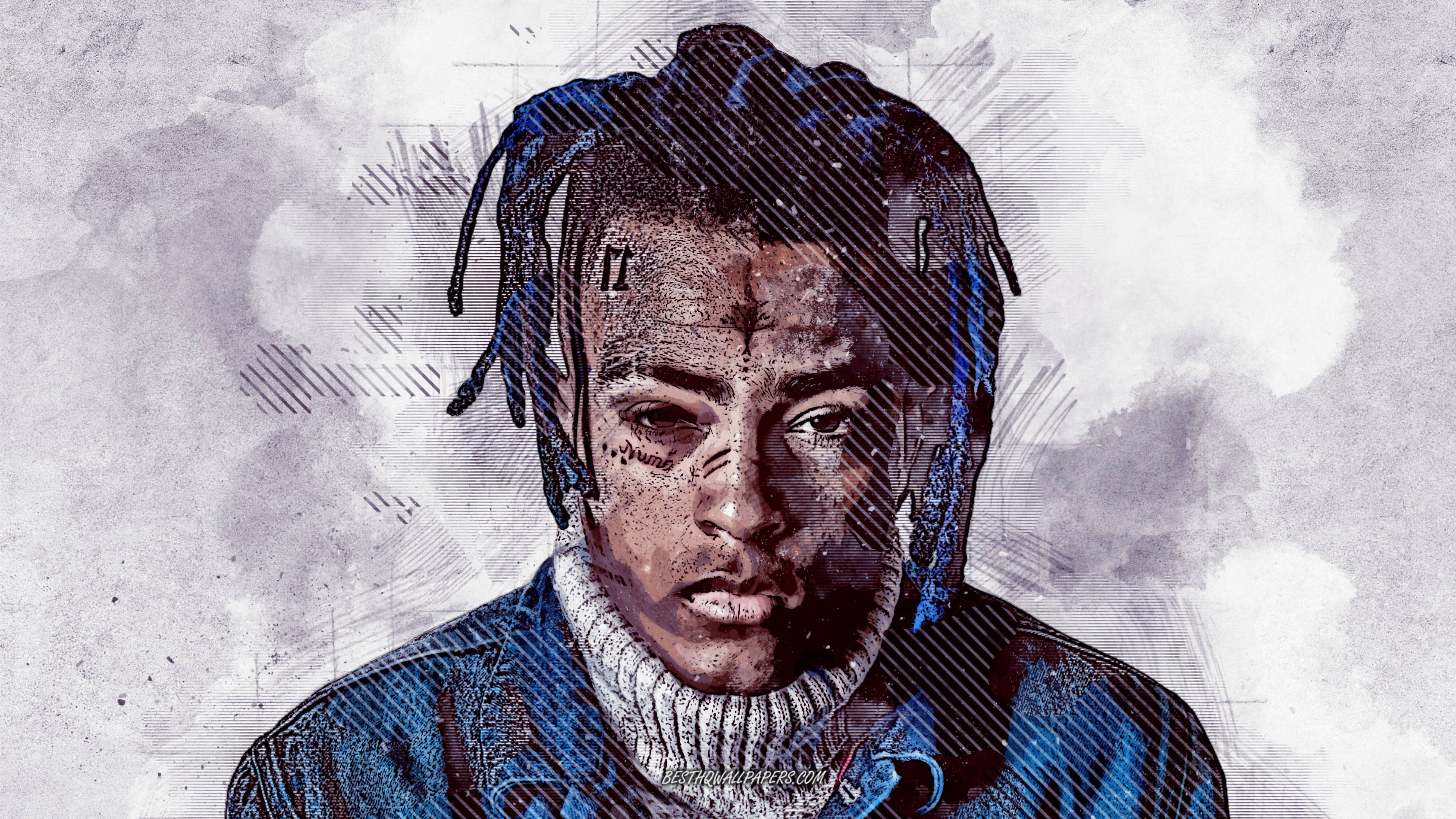 XXXTentacion, blue dreadlocks, tattoos, 5K Desktop Wallpaper