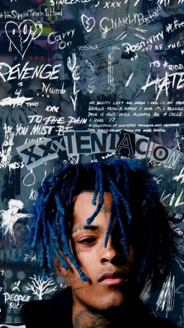 XXXTentacion, blue dreadlocks, graffiti-covered wall, SD Phone Wallpaper