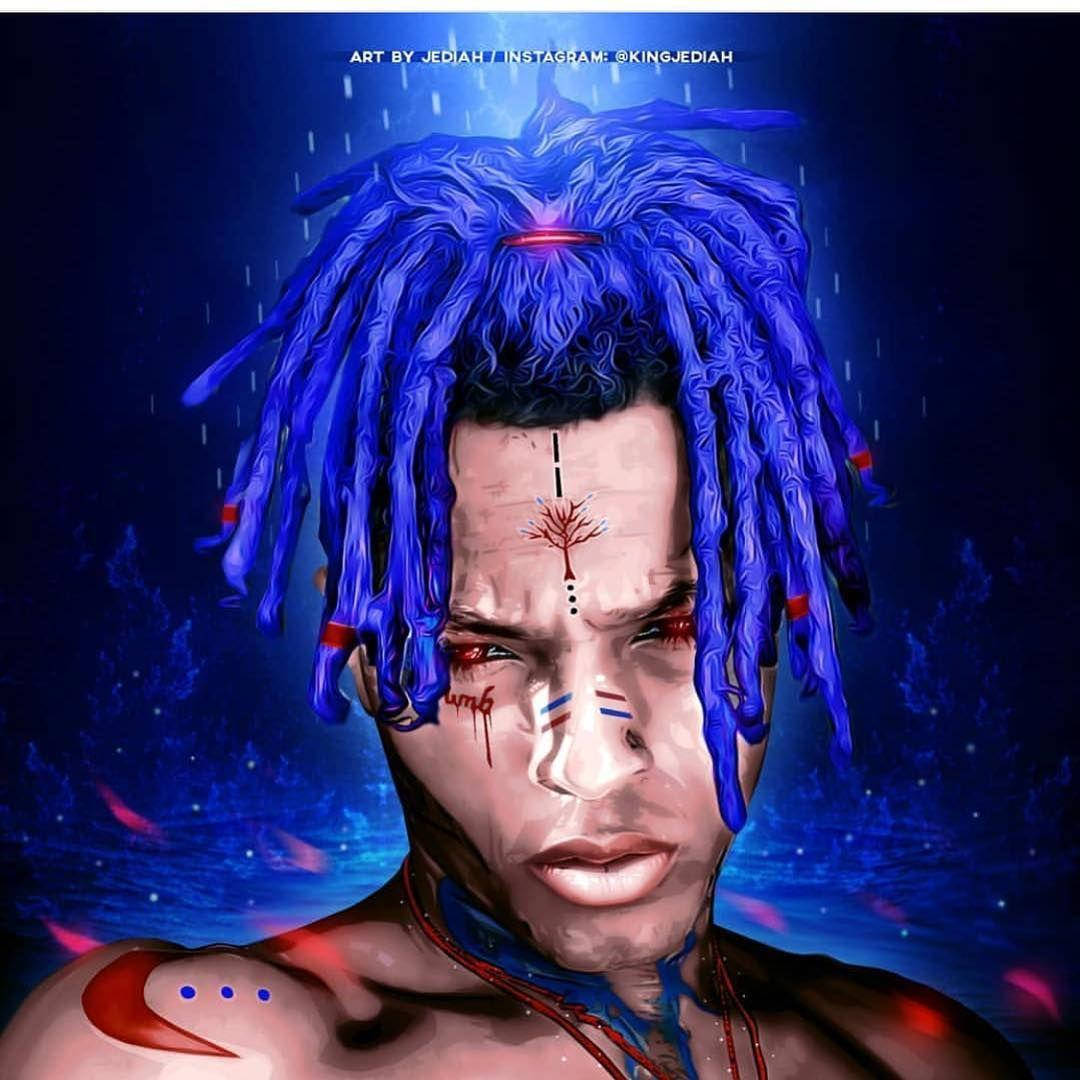 Xxxtentacion, electric blue dreadlocks, red tribal markings, SD Desktop Wallpaper