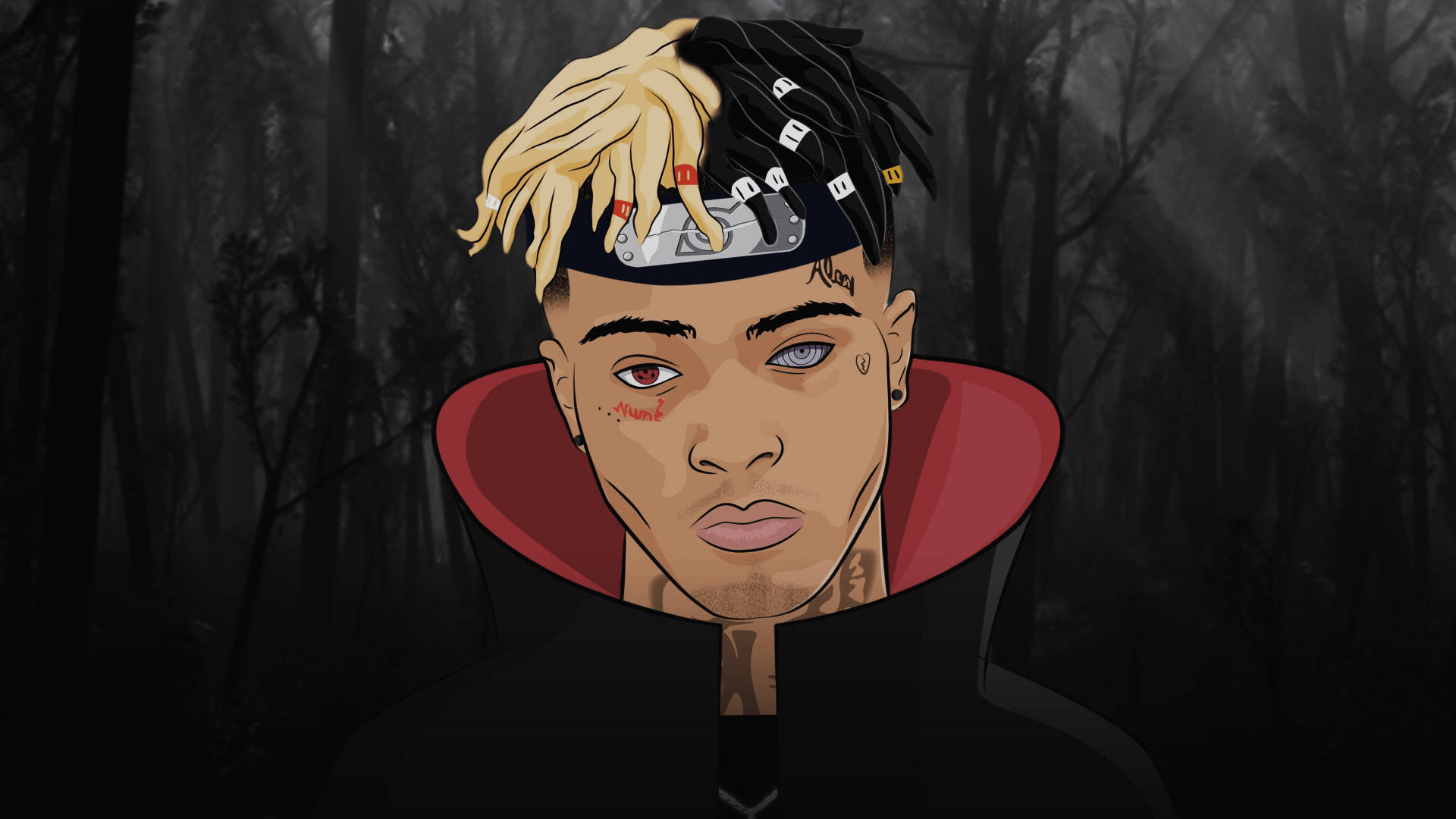 Xxxtentacion Cartoon, two-toned hair, red eyes, Full HD Desktop Wallpaper