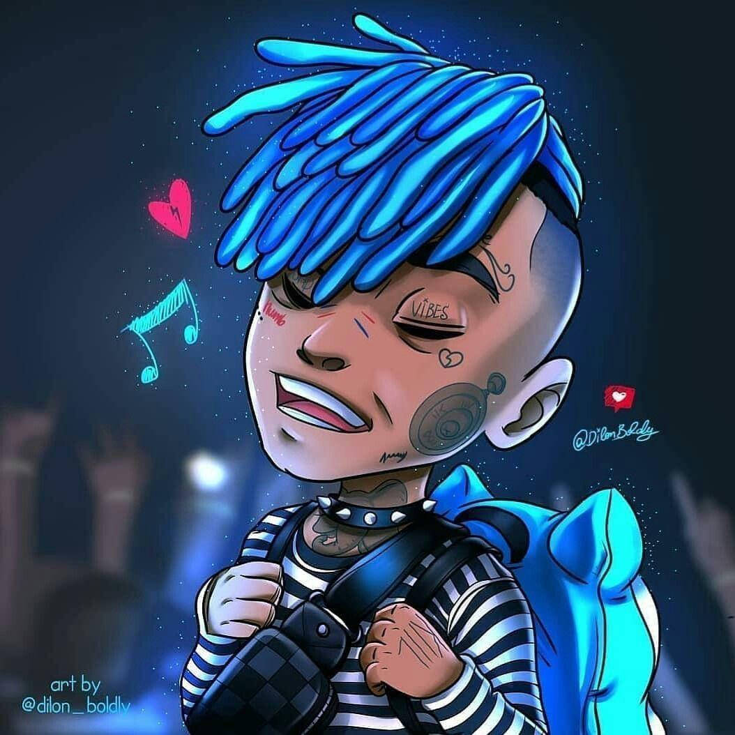 Xxxtentacion, cartoon, bright blue dreadlocks, SD Desktop Wallpaper