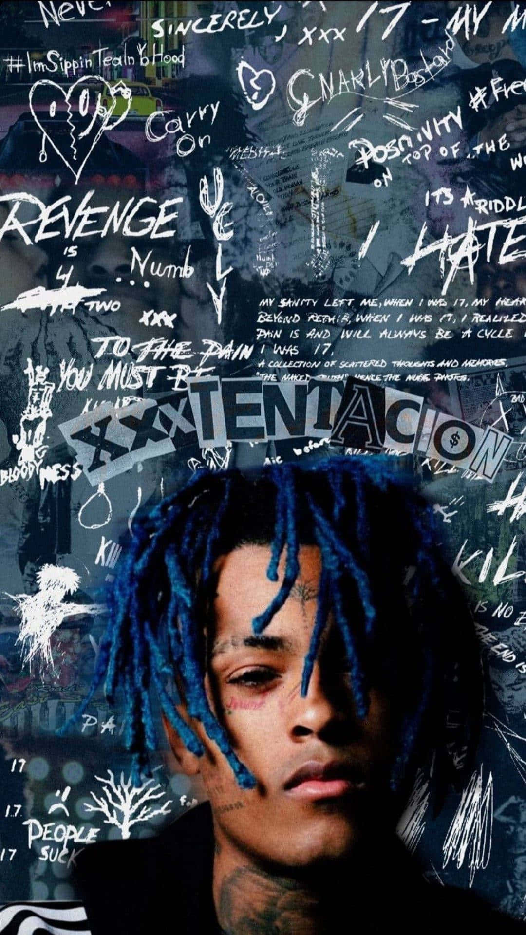 Xxxtentacion, blue dreadlocks, dark graffiti-covered wall, Full HD Phone Wallpaper