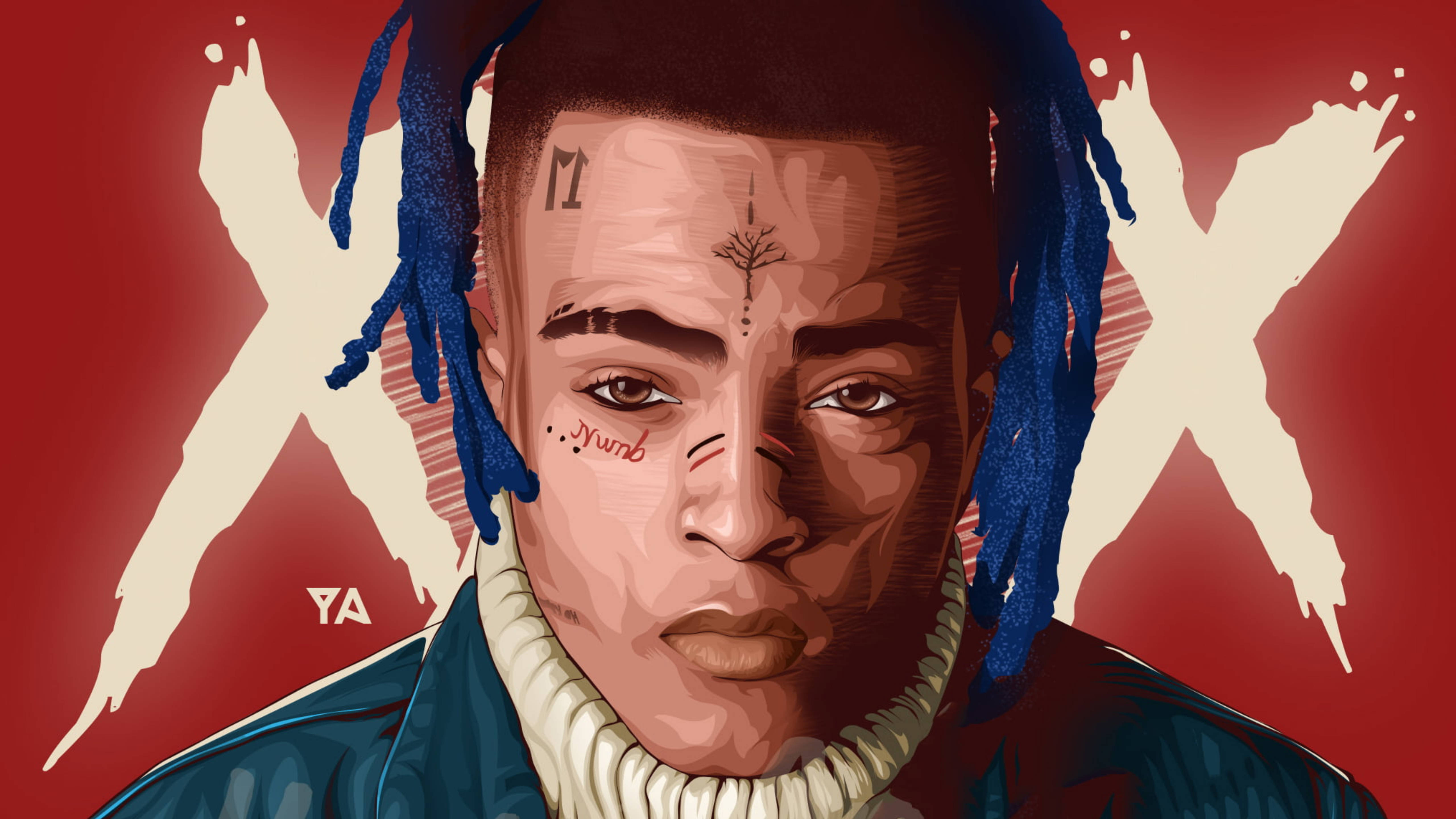 XXXTentacion, blue dreadlocks, facial tattoos, 5K Desktop Wallpaper
