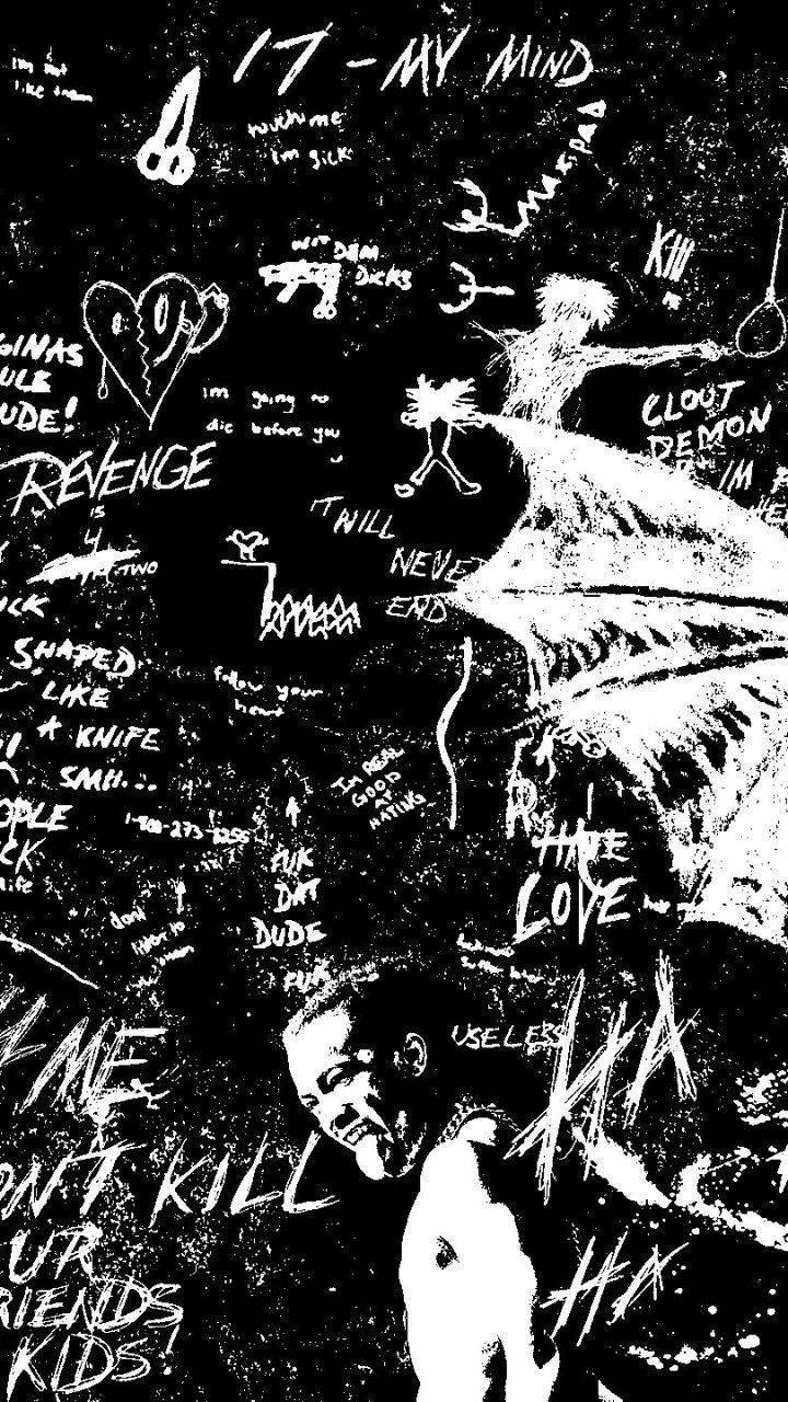 XXXTENTACION, black and white, graffiti-covered wall, HD Phone Wallpaper