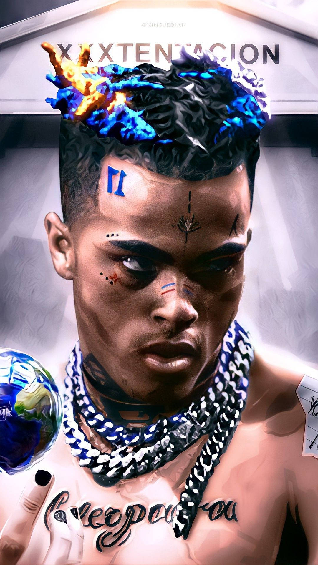 XXXTentacion, blue hair, orange flame hair tattoos, Full HD Phone Wallpaper