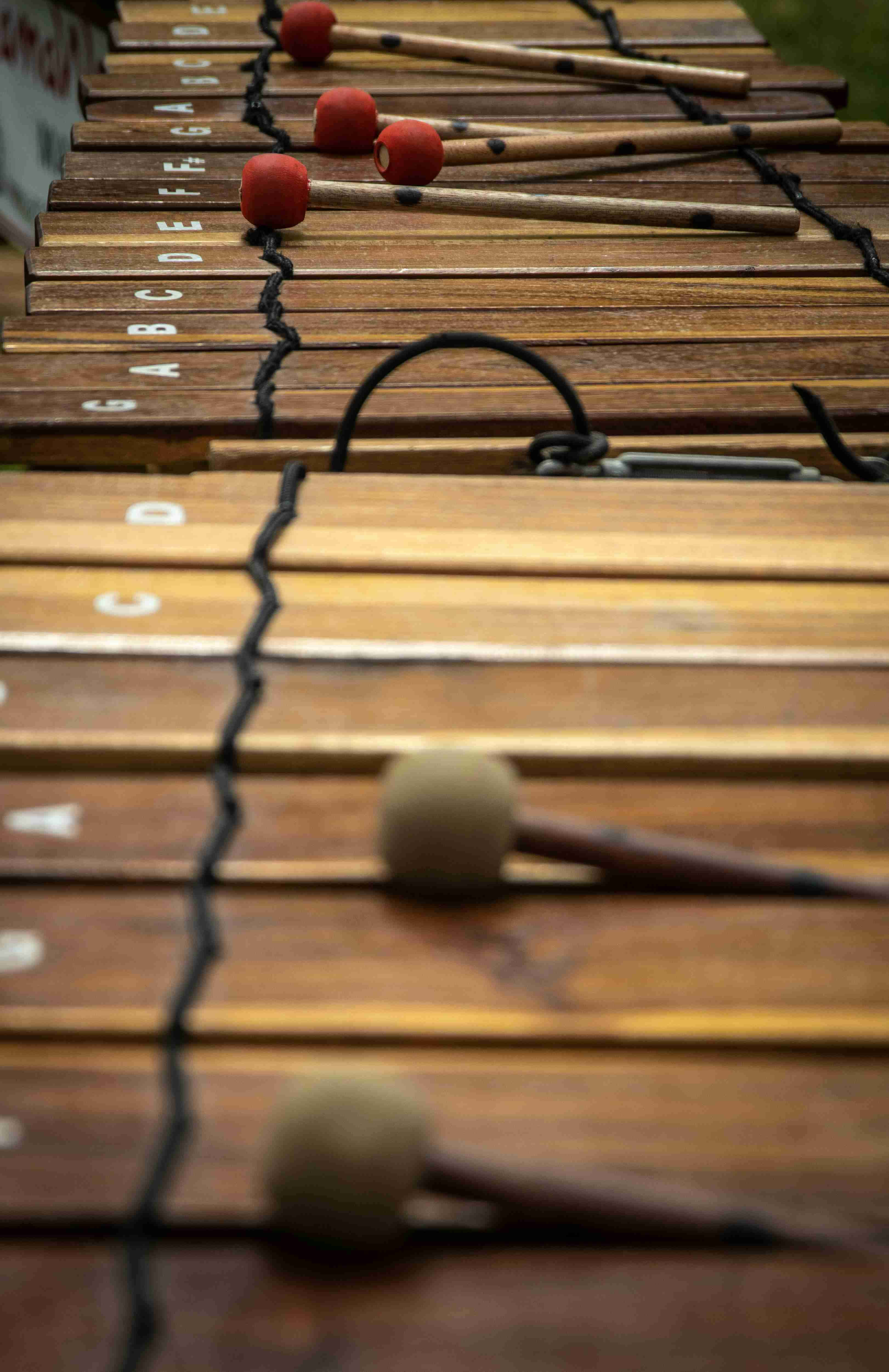 wooden xylophone, labeled keys, mallets, 4K Phone Wallpaper